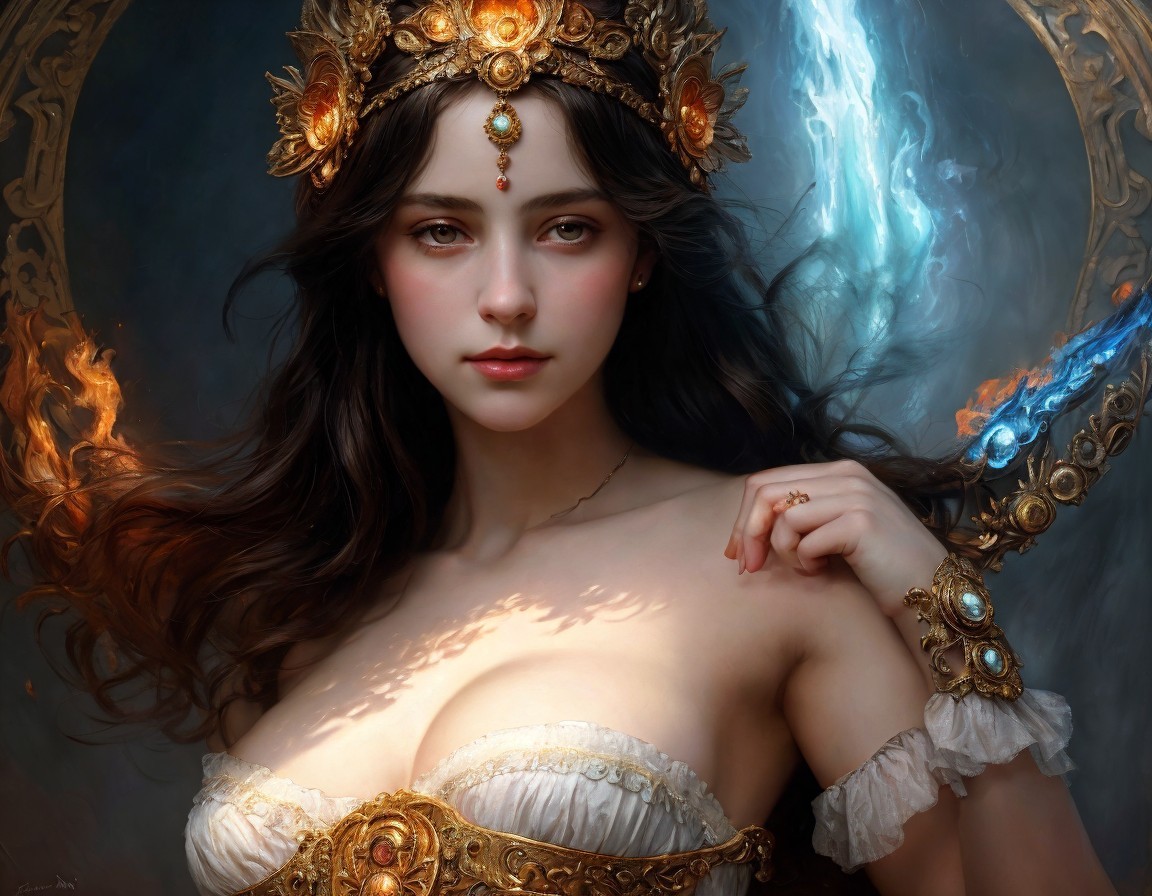 Female figure in ornate jewelry with ethereal aura