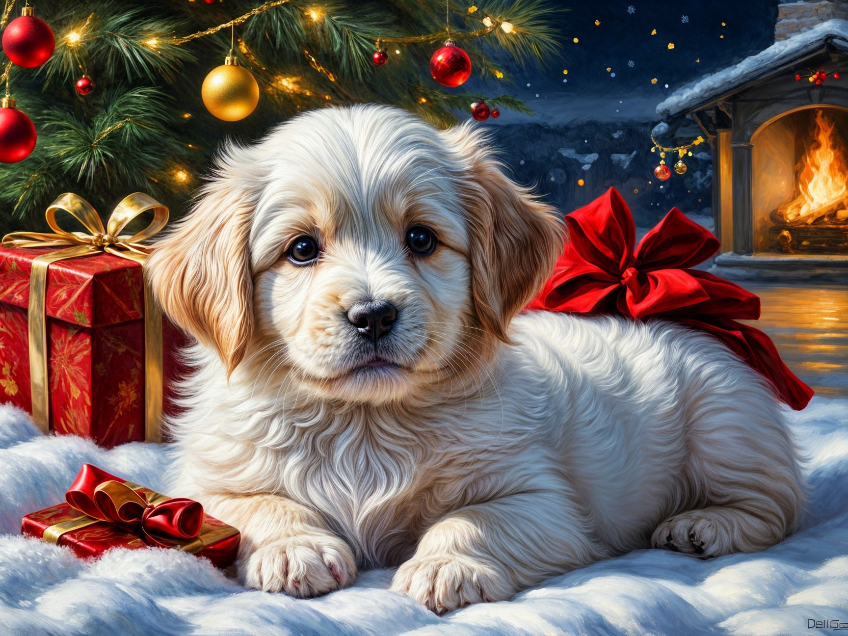 Golden Retriever Puppy in Cozy Holiday Setting
