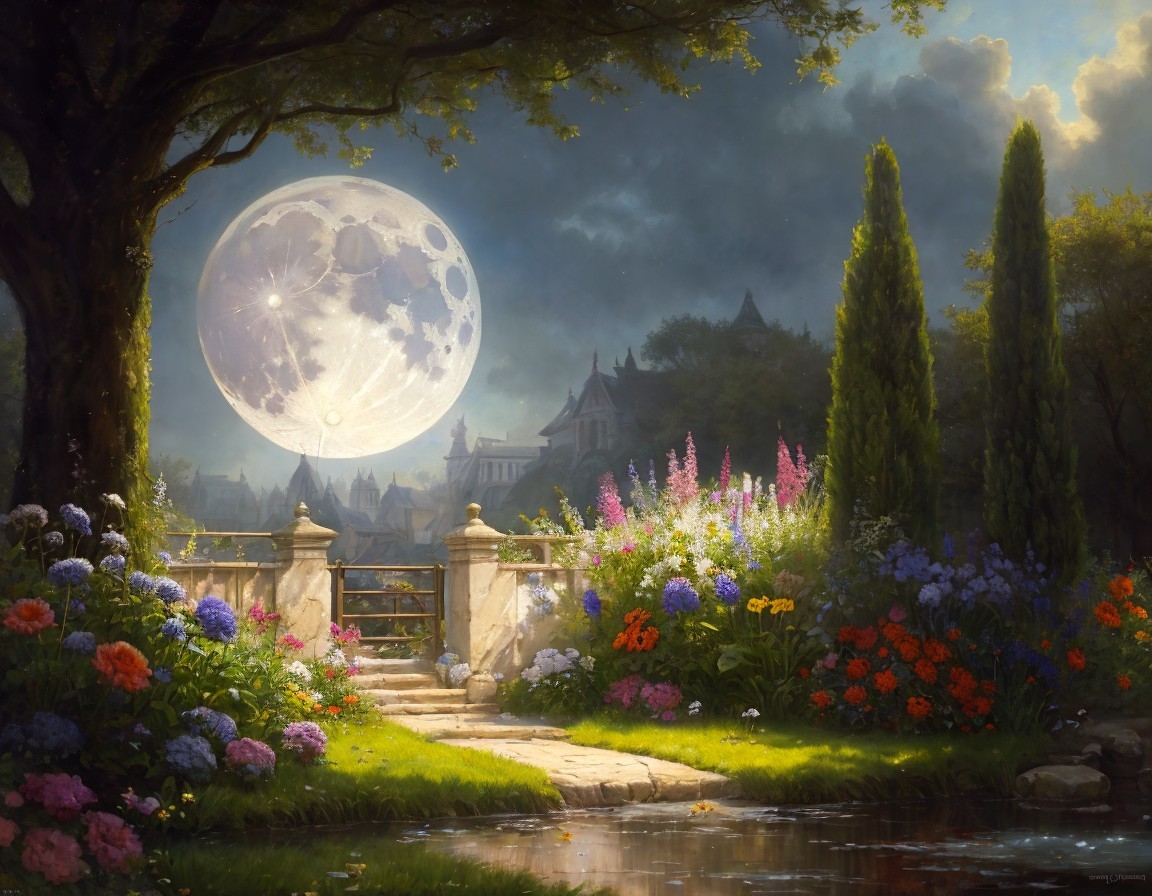 Tranquil garden path under full moon near pond and castle