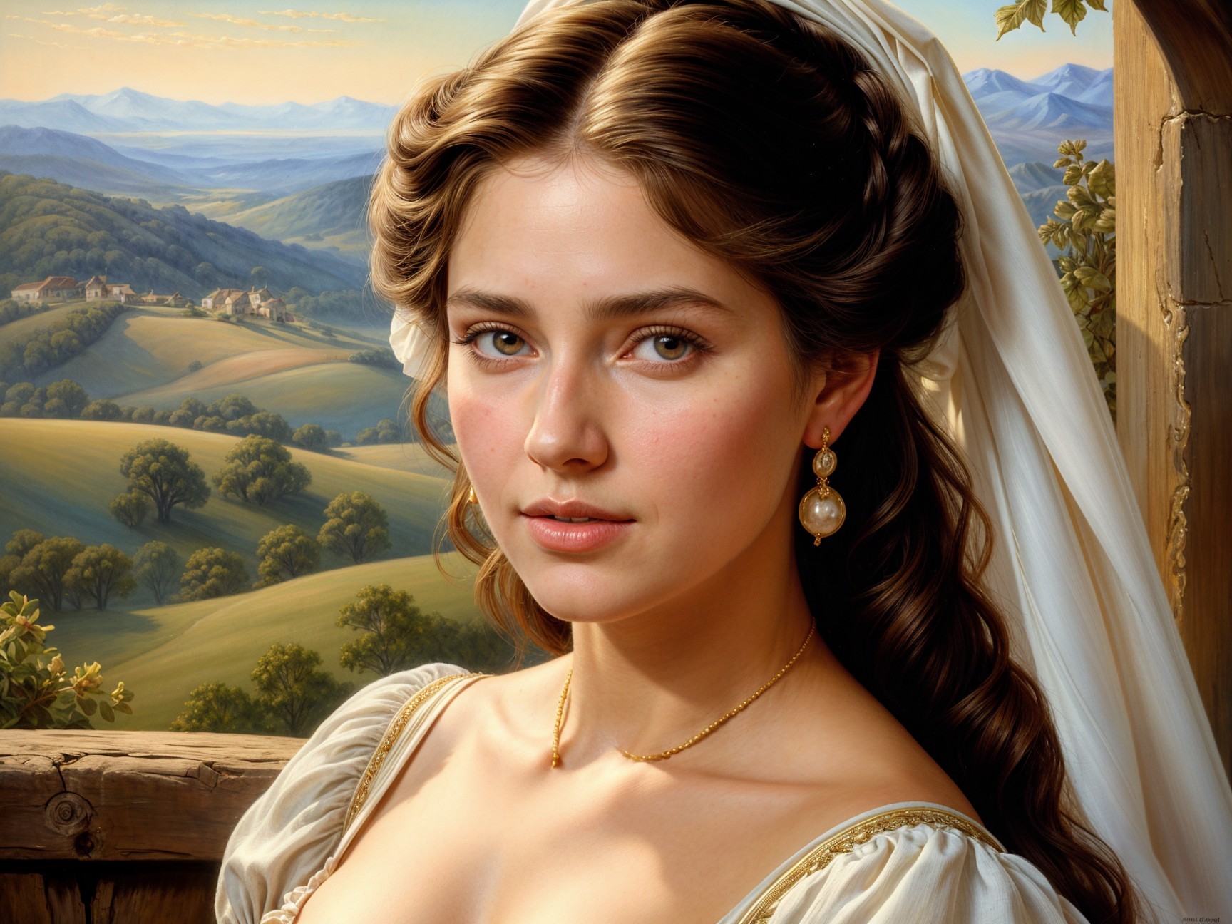 Portrait of a Young Woman in Historical Gown by Window