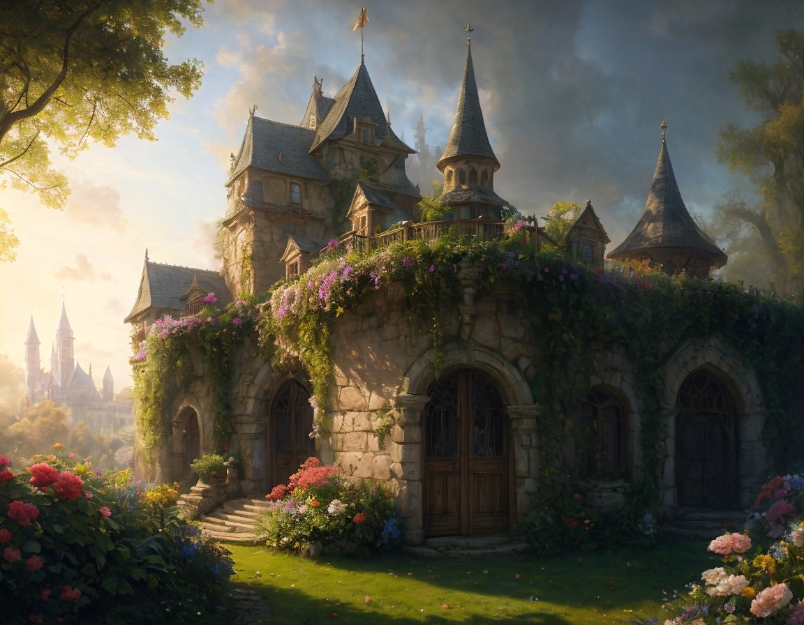 Stone castle with towers, ivy, and blooming flowers at sunrise