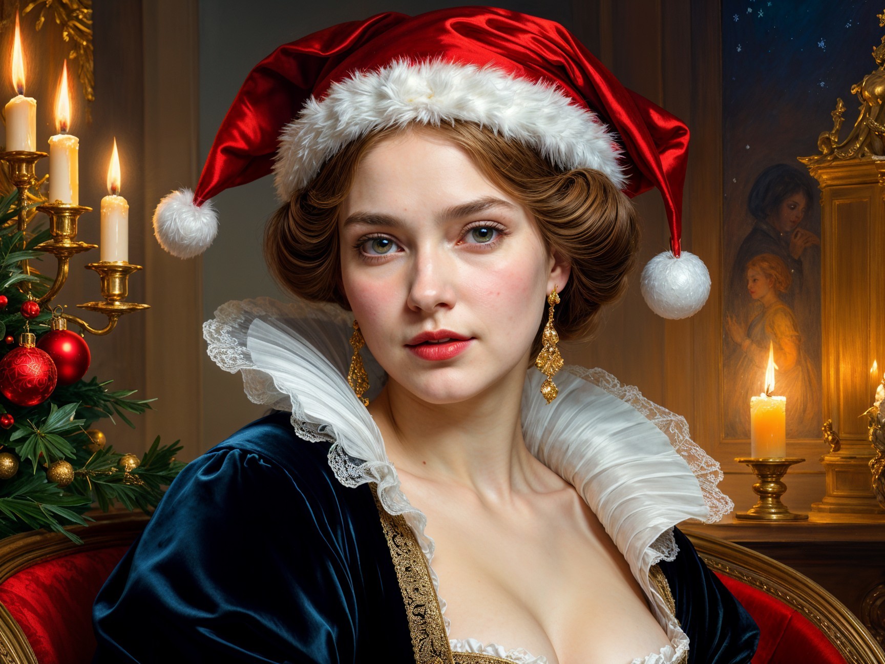 Young woman in dark gown by decorated Christmas tree