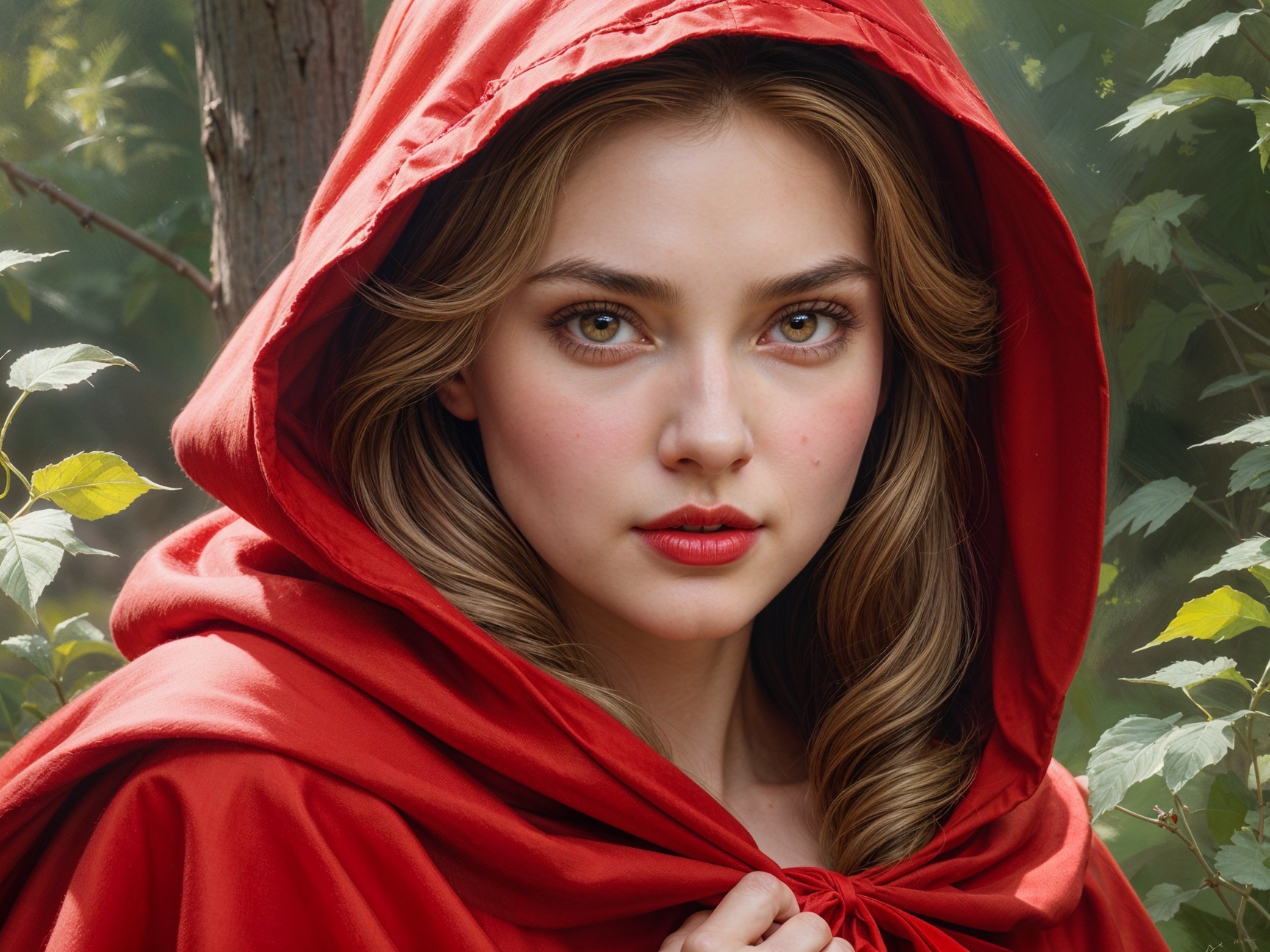 Young woman in red hood amidst enchanting greenery