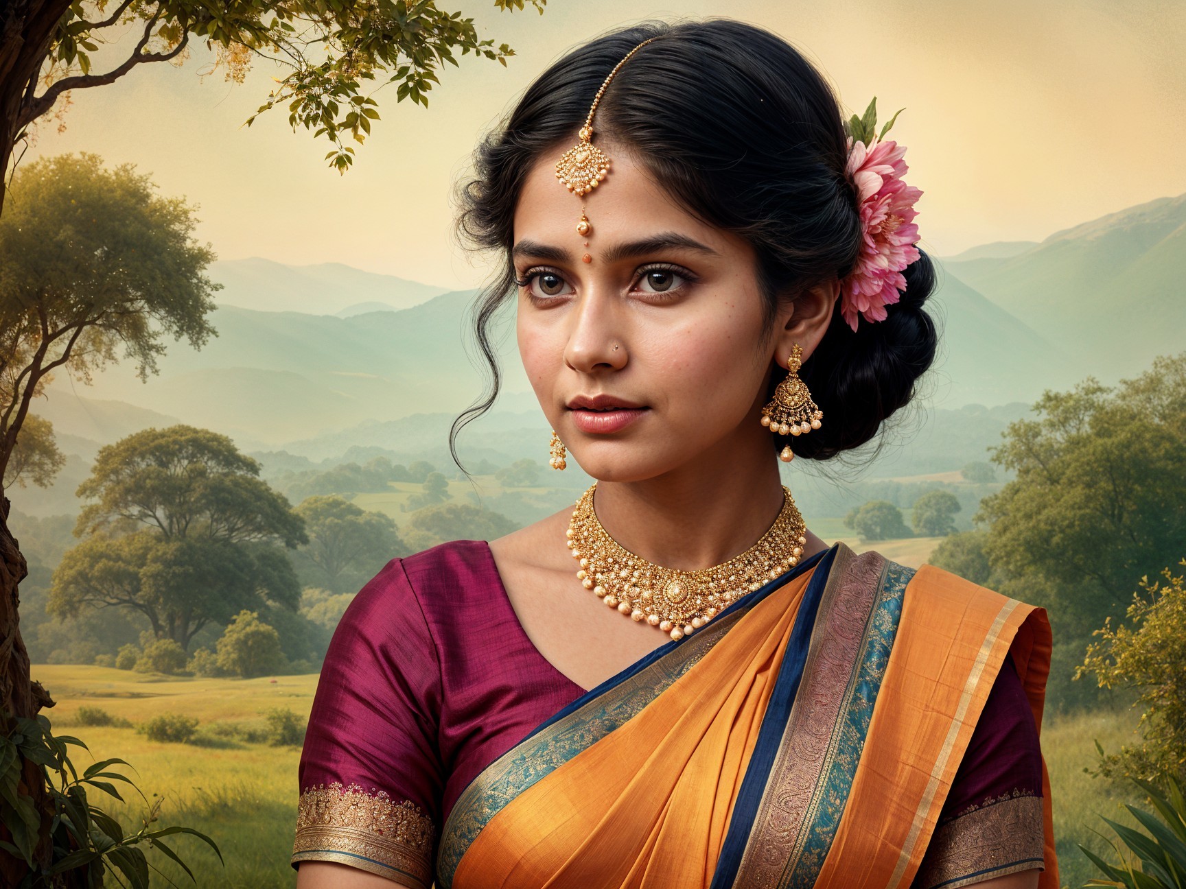 Young Woman in Vibrant Sari Against Scenic Landscape