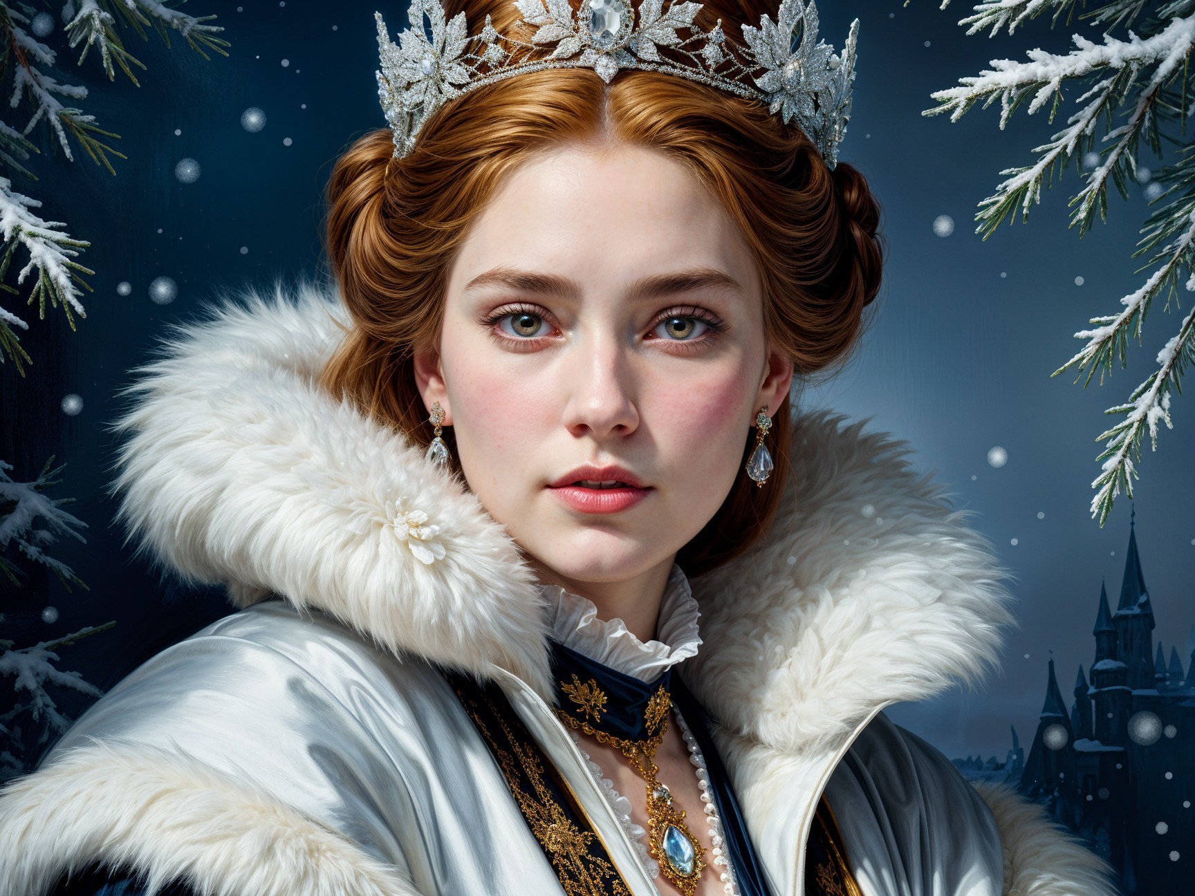 Regal Young Woman in Fur Cloak and Jeweled Crown