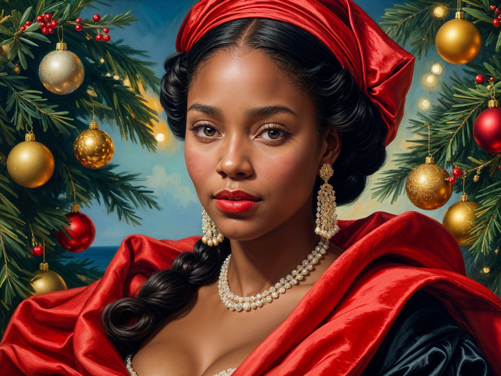 Young Woman in Red Gown Surrounded by Festive Decor