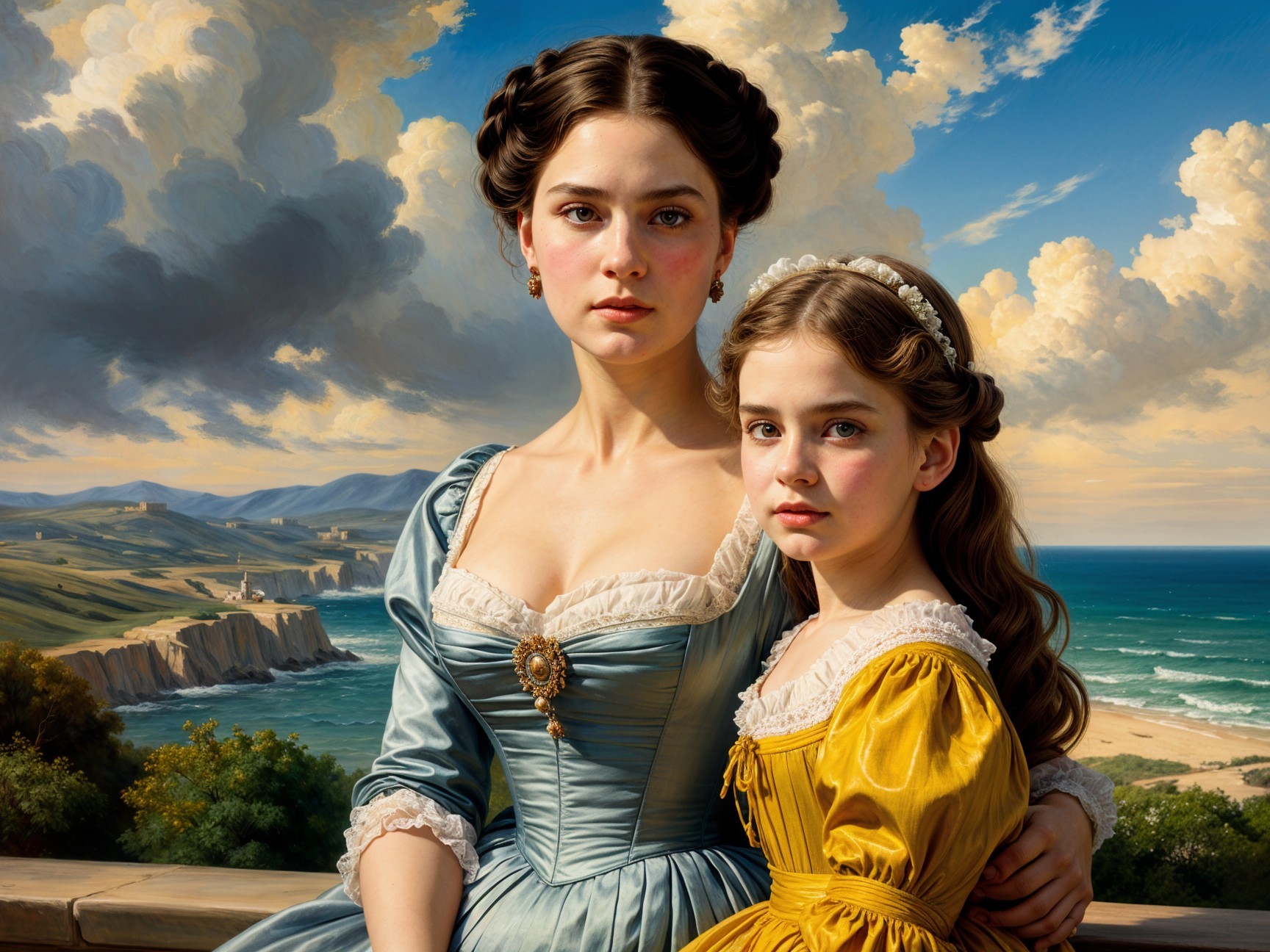 Young Woman and Girl by Serene Coastal Landscape