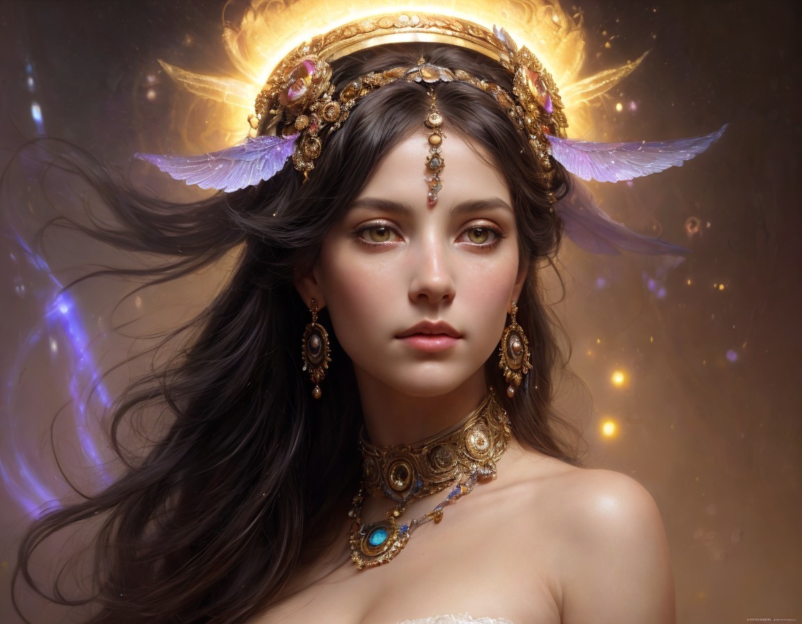 Woman in Mystical Headdress with Angelic Wings