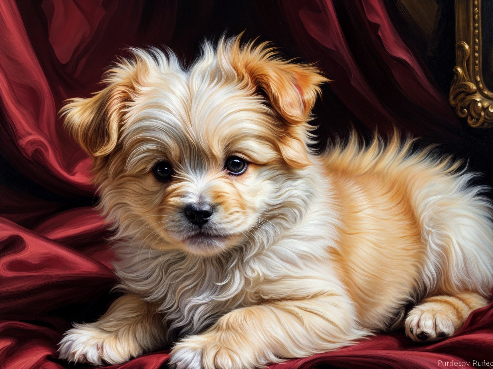 Fluffy golden puppy resting on red satin backdrop