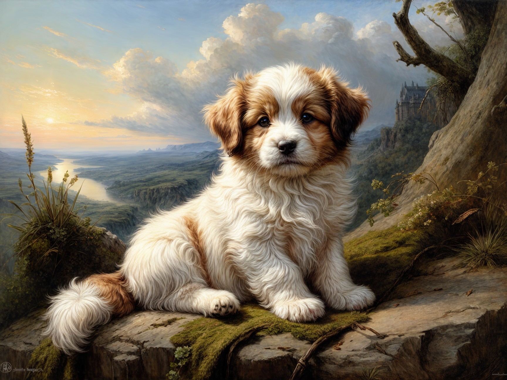 Fluffy Puppy on Mossy Rock in Serene Landscape