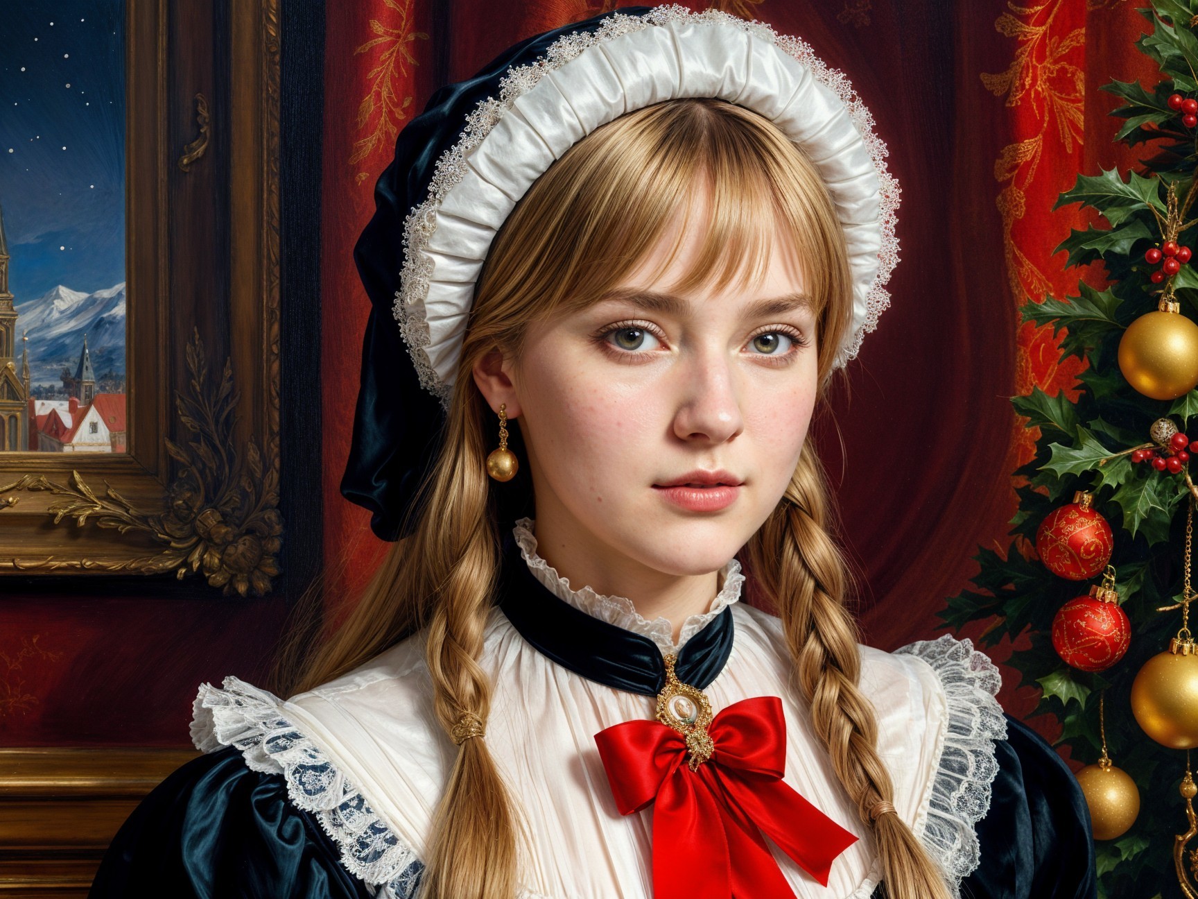 Young Woman in Victorian Dress with Holiday Background