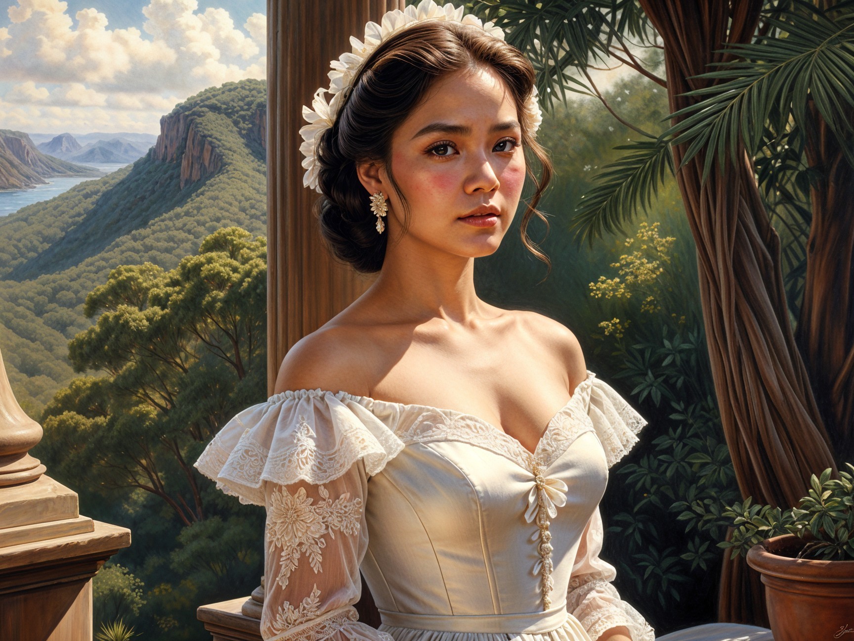 Young woman in vintage gown with floral headpiece