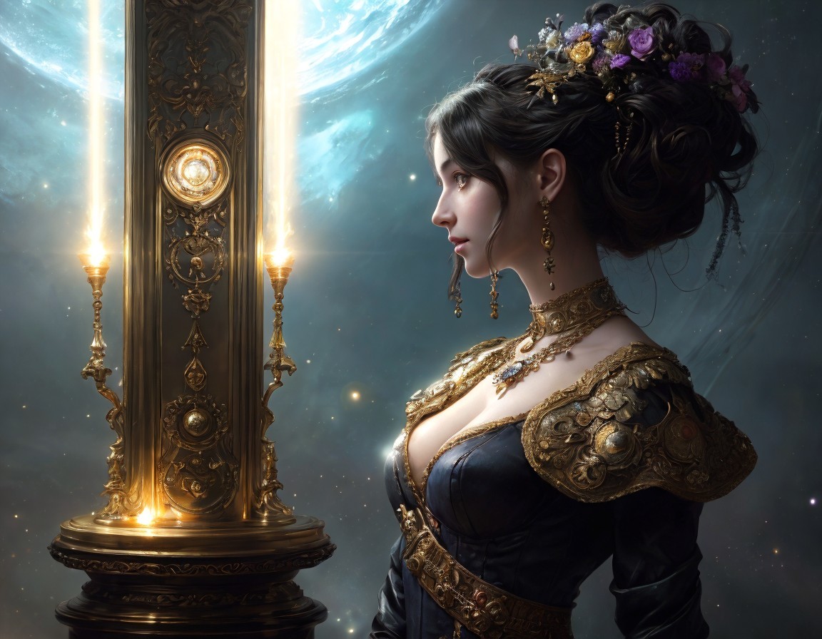 Regal Woman in Black and Gold Dress by Illuminated Pillar