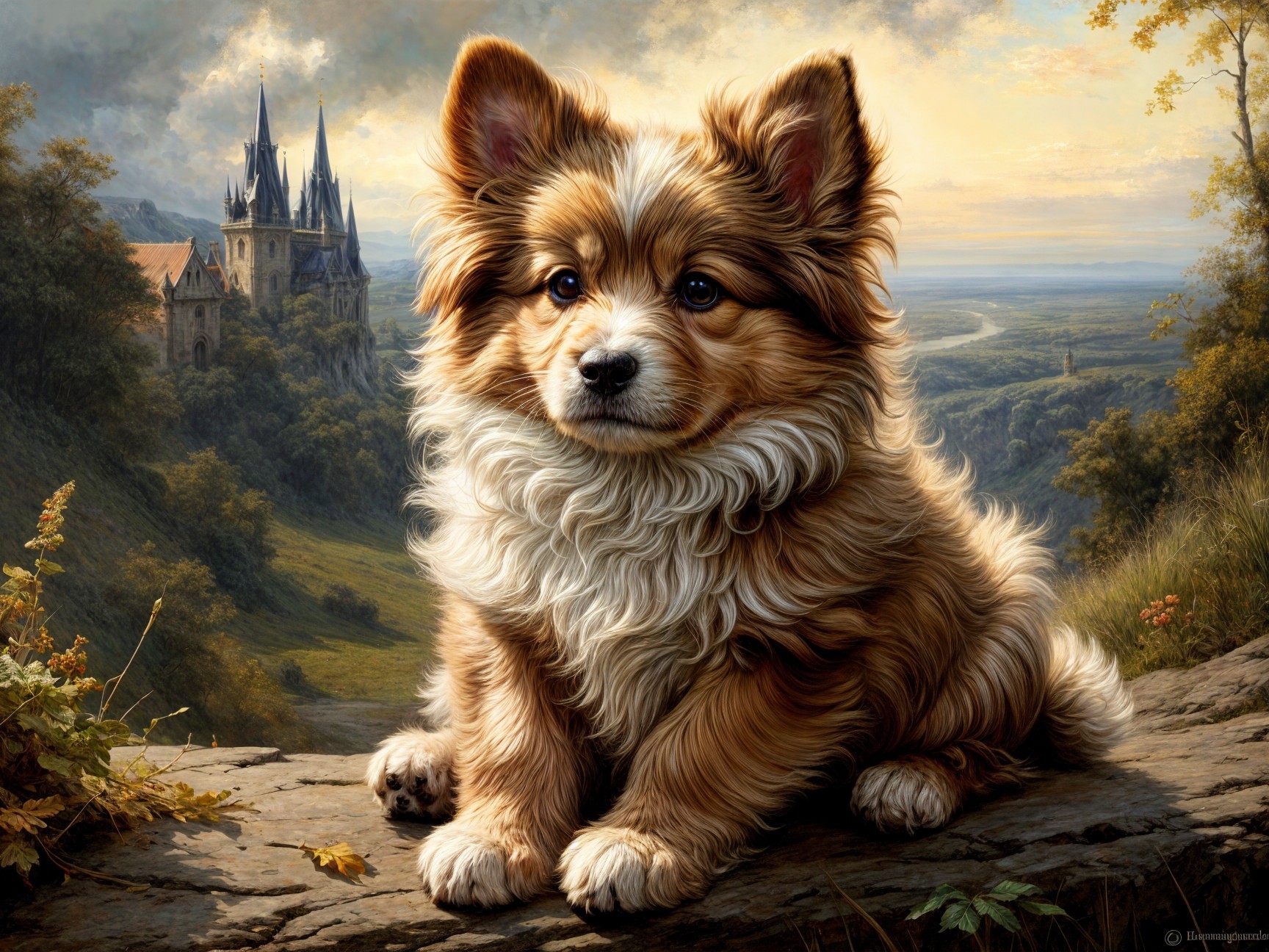 Fluffy Dog on Rock with Scenic Castle Background