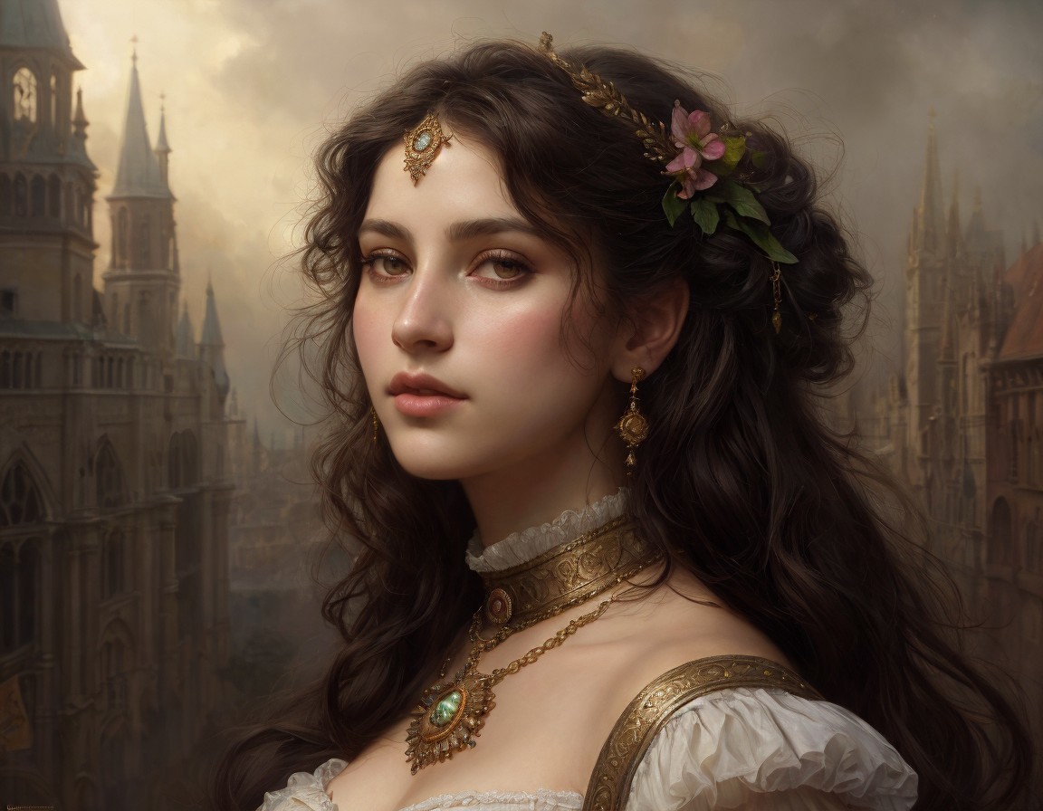 Portrait of a woman in white dress with floral adornments