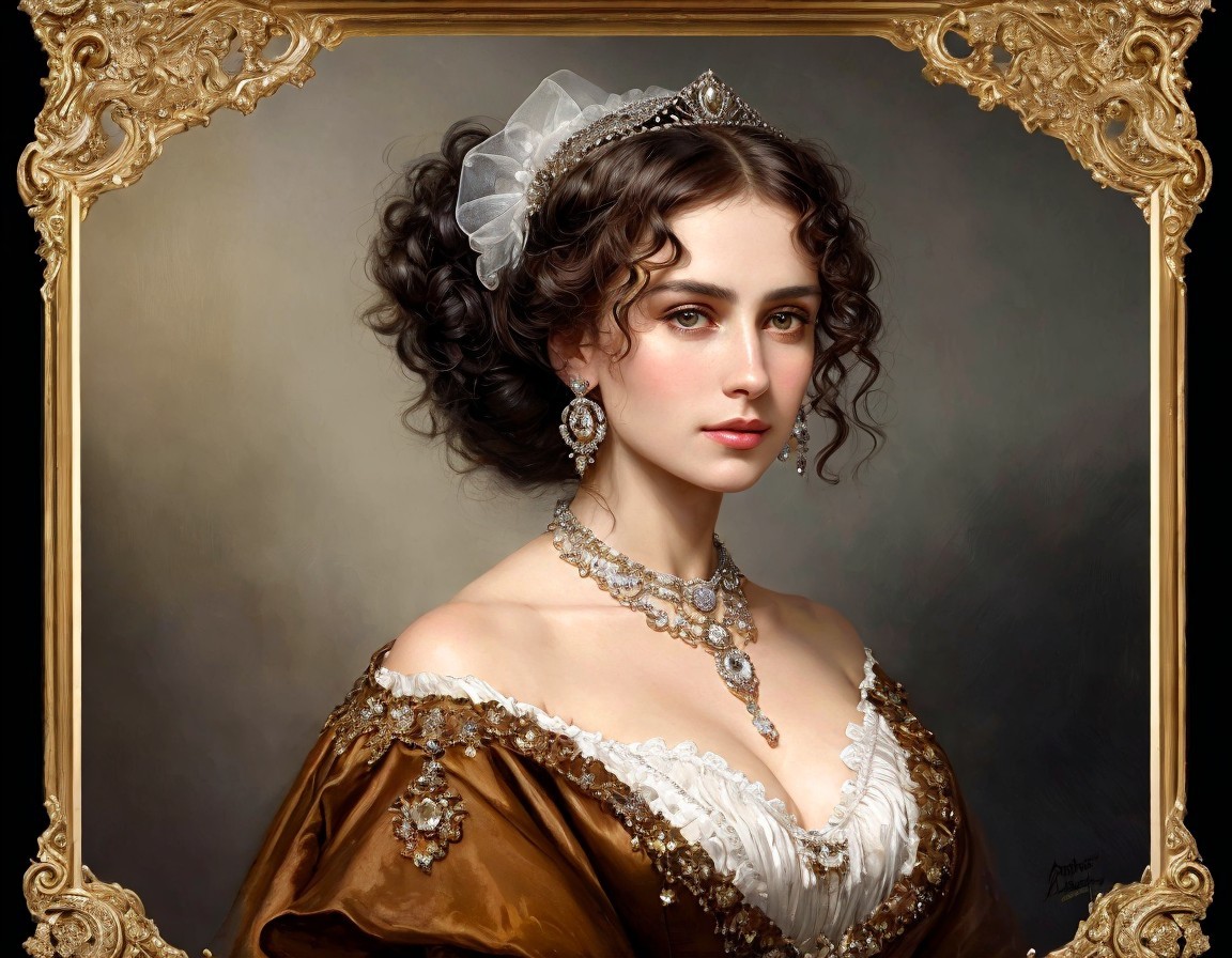 Historical woman portrait in lace headpiece and jewelry, framed in gold.