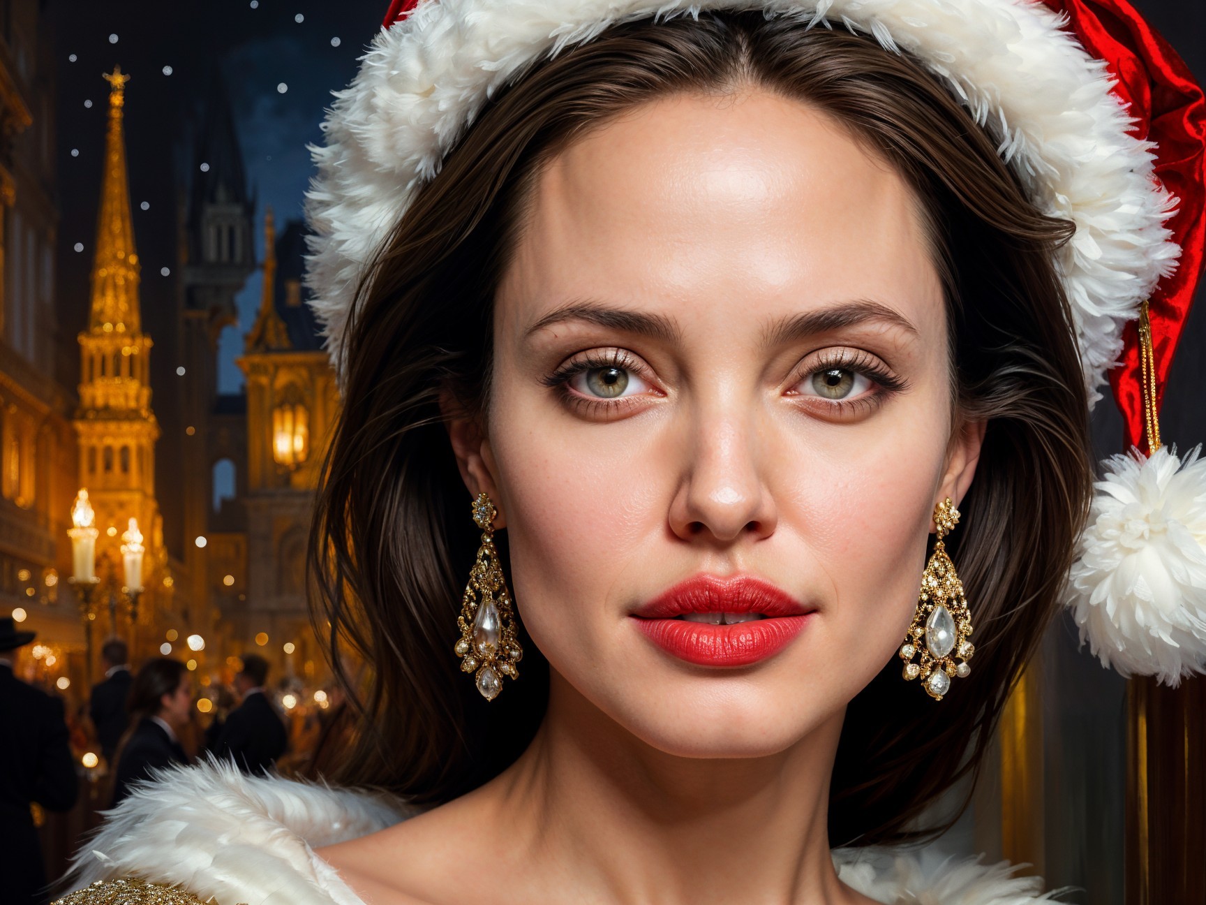 Woman with Green Eyes in Festive Winter Scene