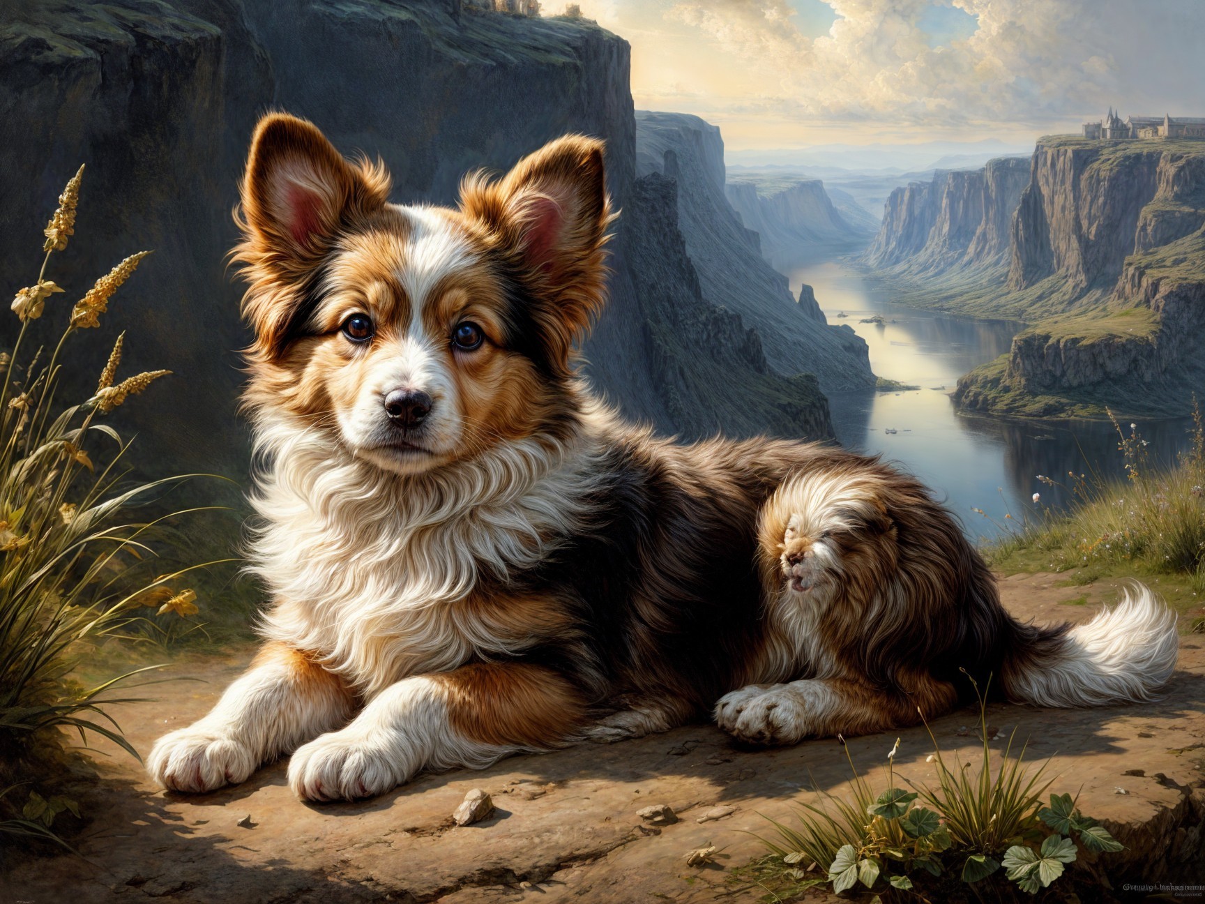 Fluffy Tri-Color Dog on Rocky Ledge with Scenic View