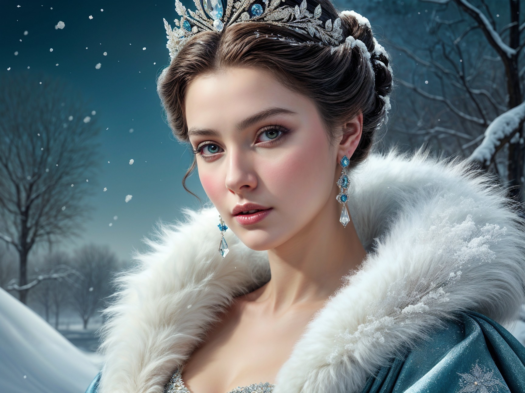 Regal Woman in Icy Blue Gown Amidst Winter Landscape