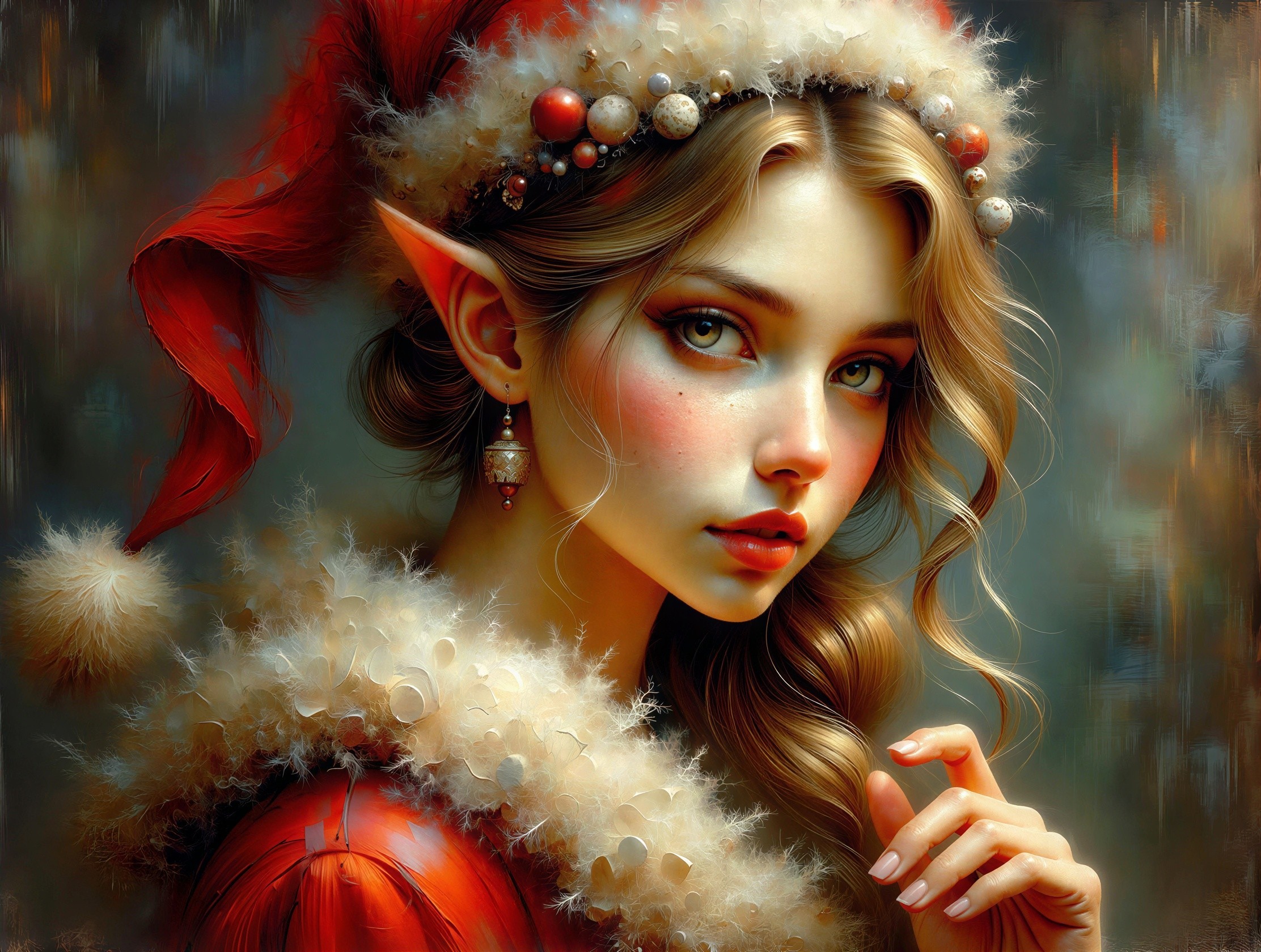 Elf Girl with Red Lips and Festive Santa Hat