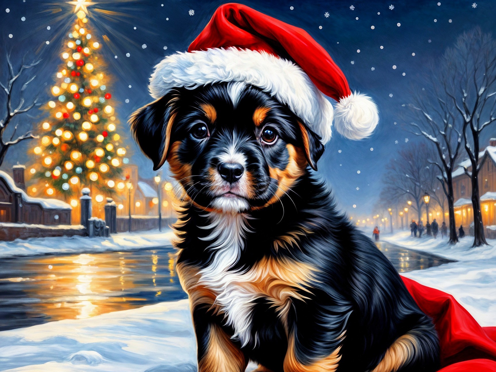 Puppy in Santa Hat Amid Snowy Christmas Scene