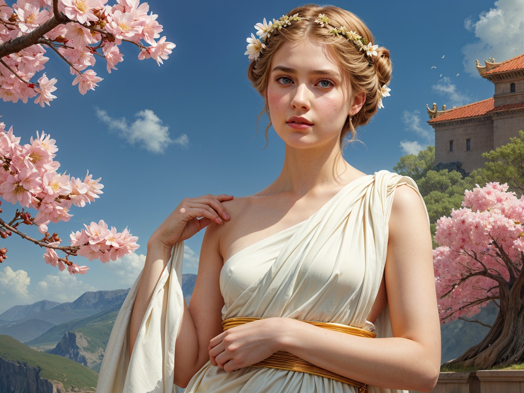 Young woman in white garment among cherry blossoms