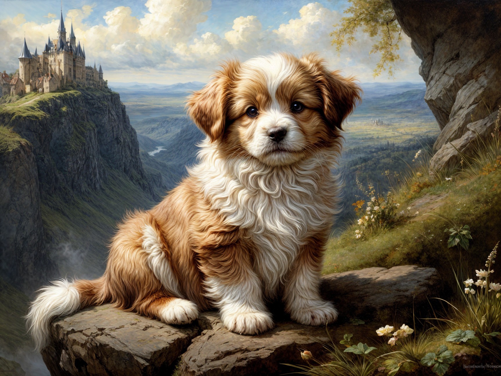 Fluffy Puppy on Rocky Ledge with Castle Background