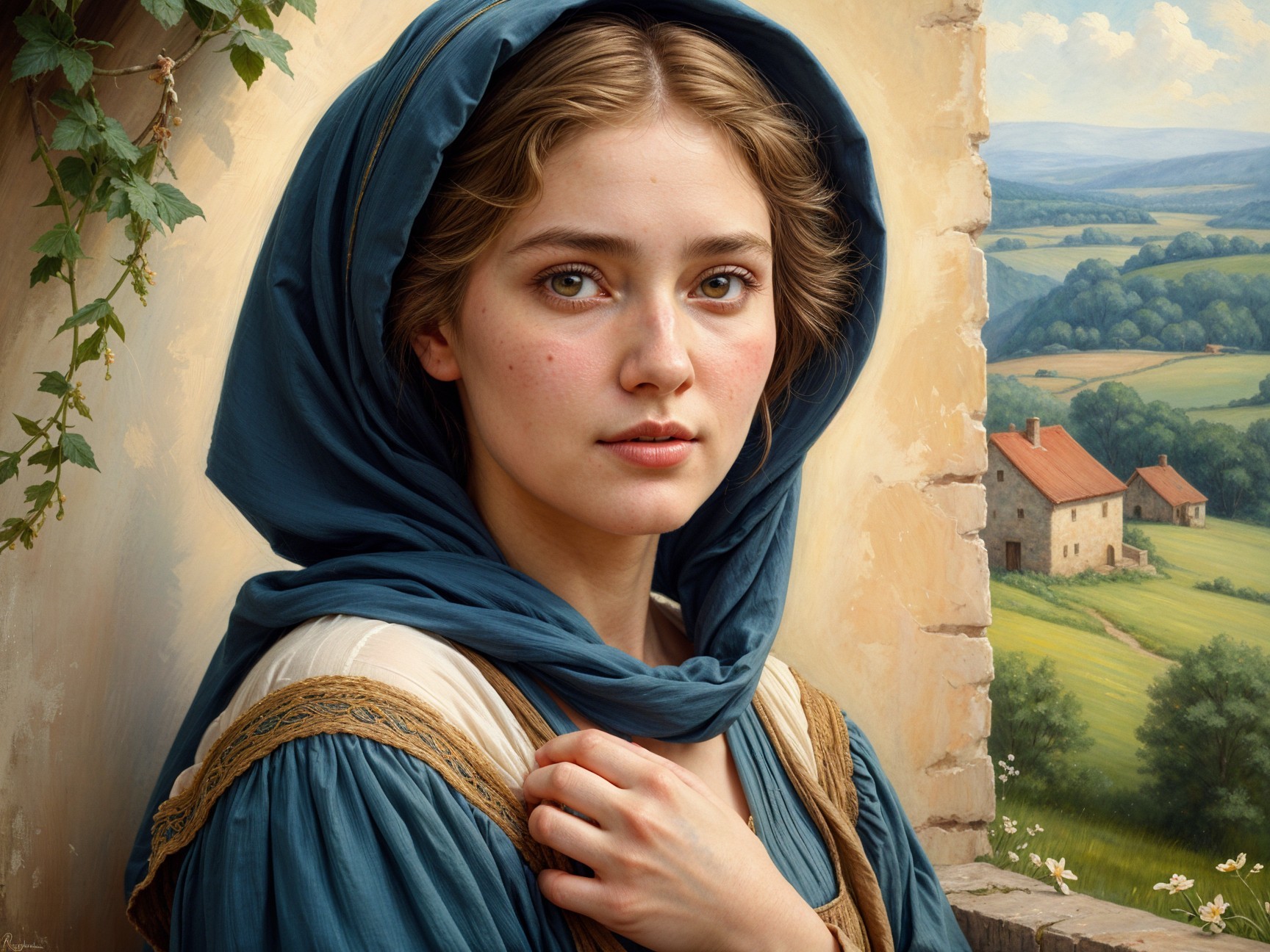 Thoughtful Young Woman in Vintage Dress with Landscape