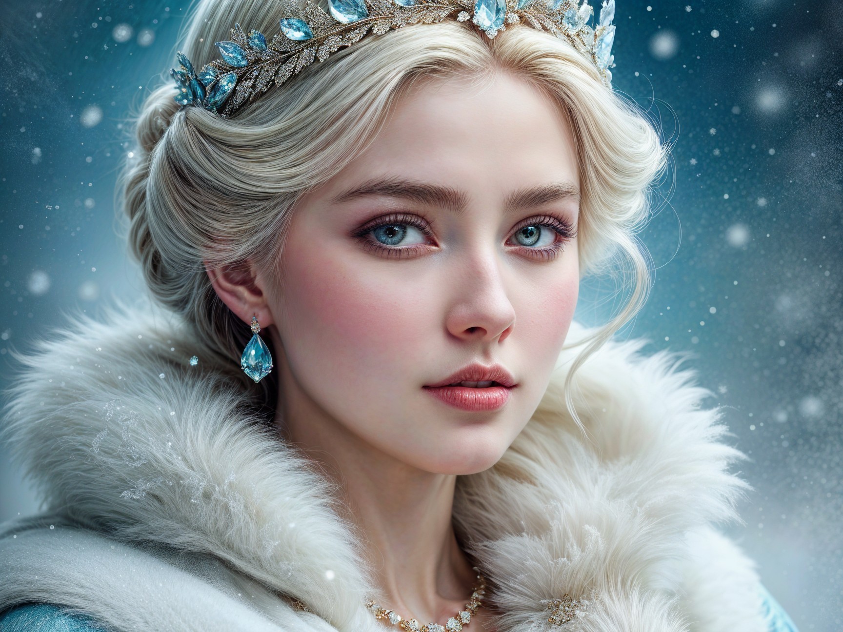 Elegant Young Woman in Fur Cloak and Crown