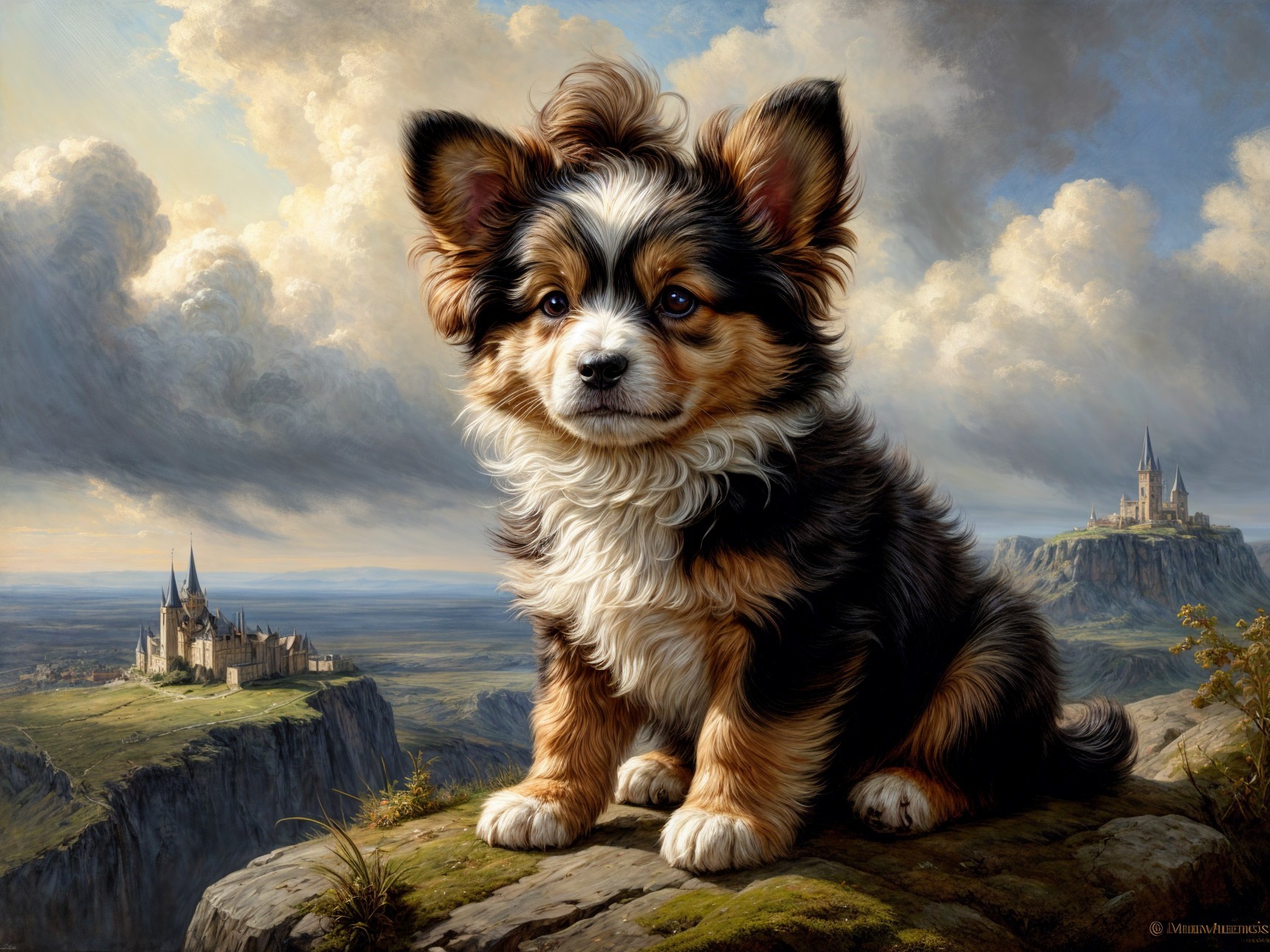 Fluffy Puppy on Rocky Outcrop with Castle Landscape
