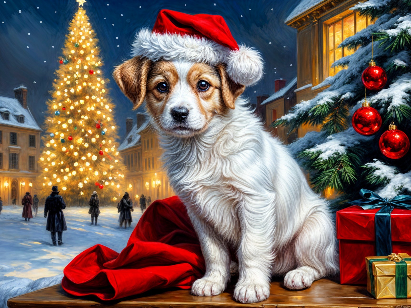 Puppy in Santa Hat Surrounded by Holiday Decorations