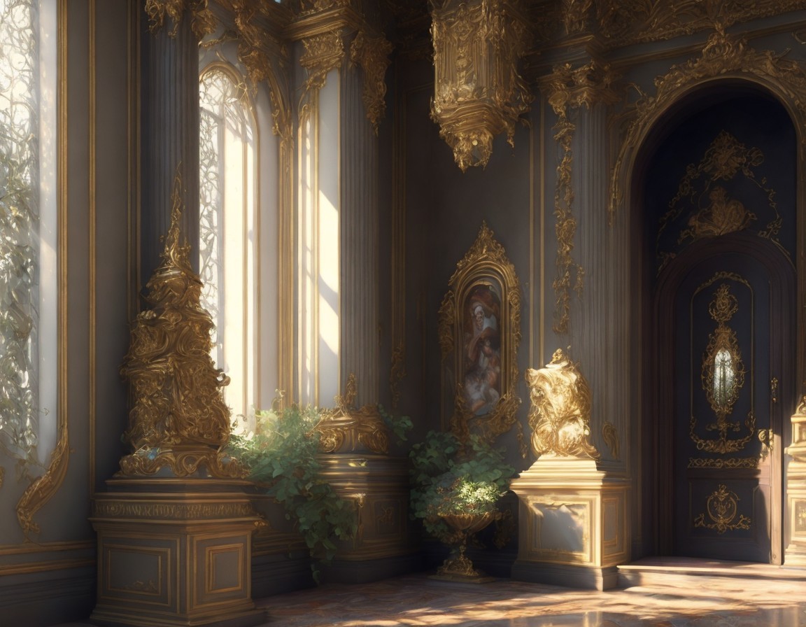 Baroque Interior with Gold Decorations and Sunlight