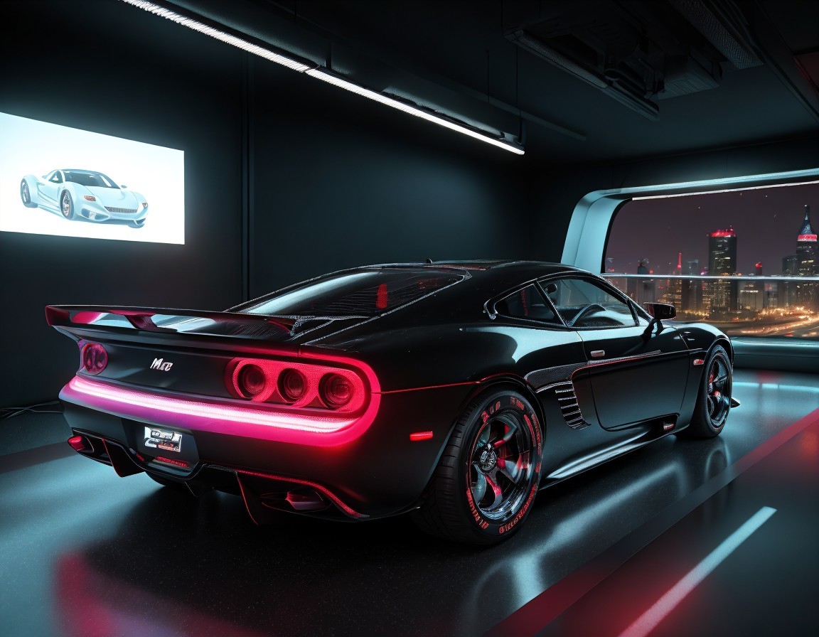 Black Sports Car with Red Accents and Neon Lighting in Futuristic Garage
