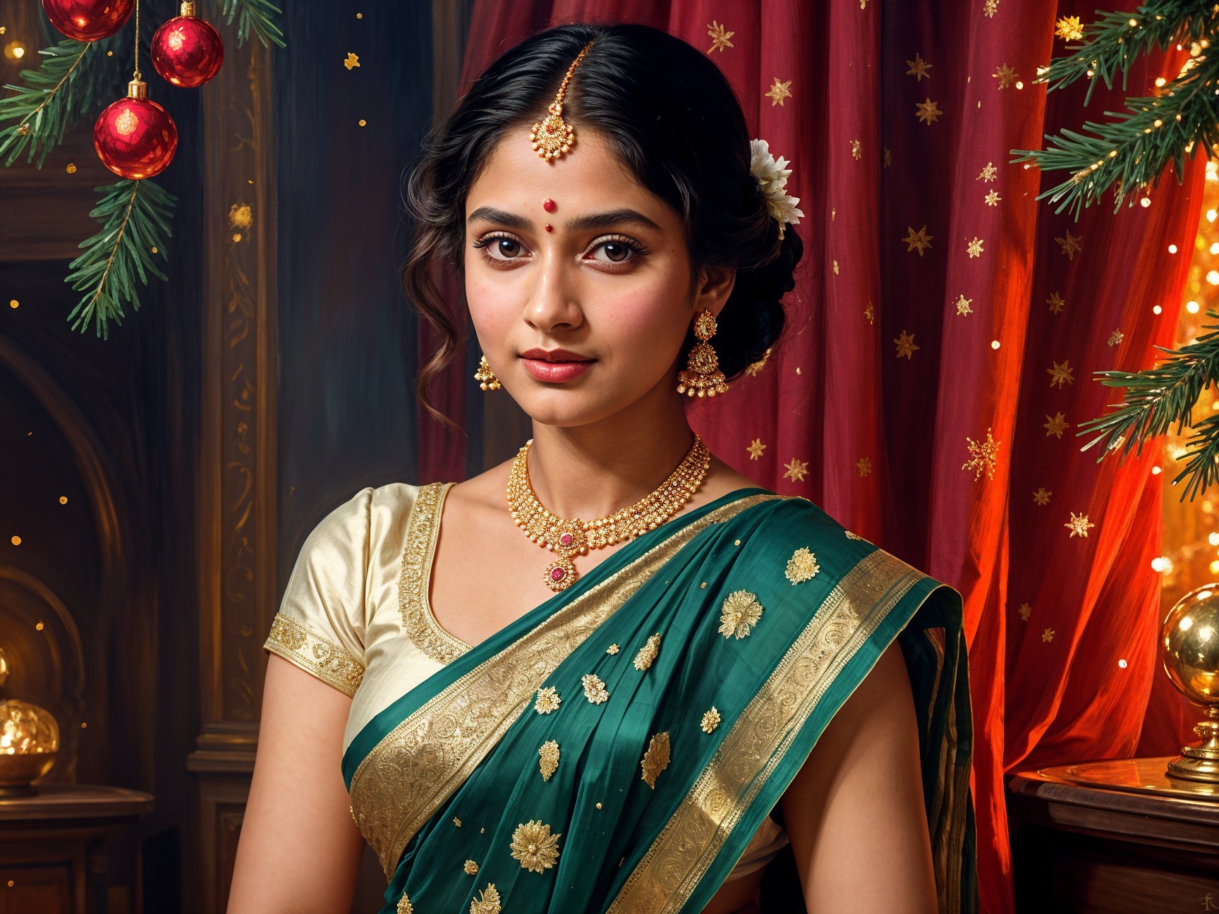 Young Woman in Green Saree with Festive Decorations