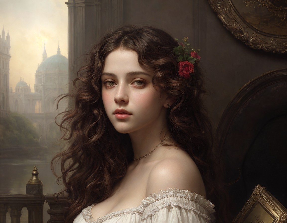 Portrait of young woman with wavy hair and green eyes in white dress and rose, against classical background