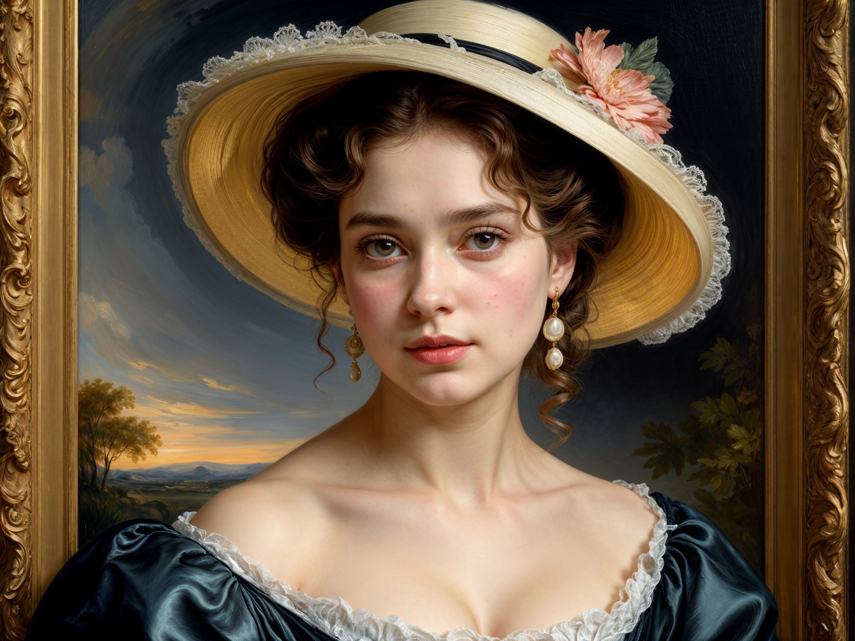 Young Woman in Floral Hat and Off-Shoulder Gown