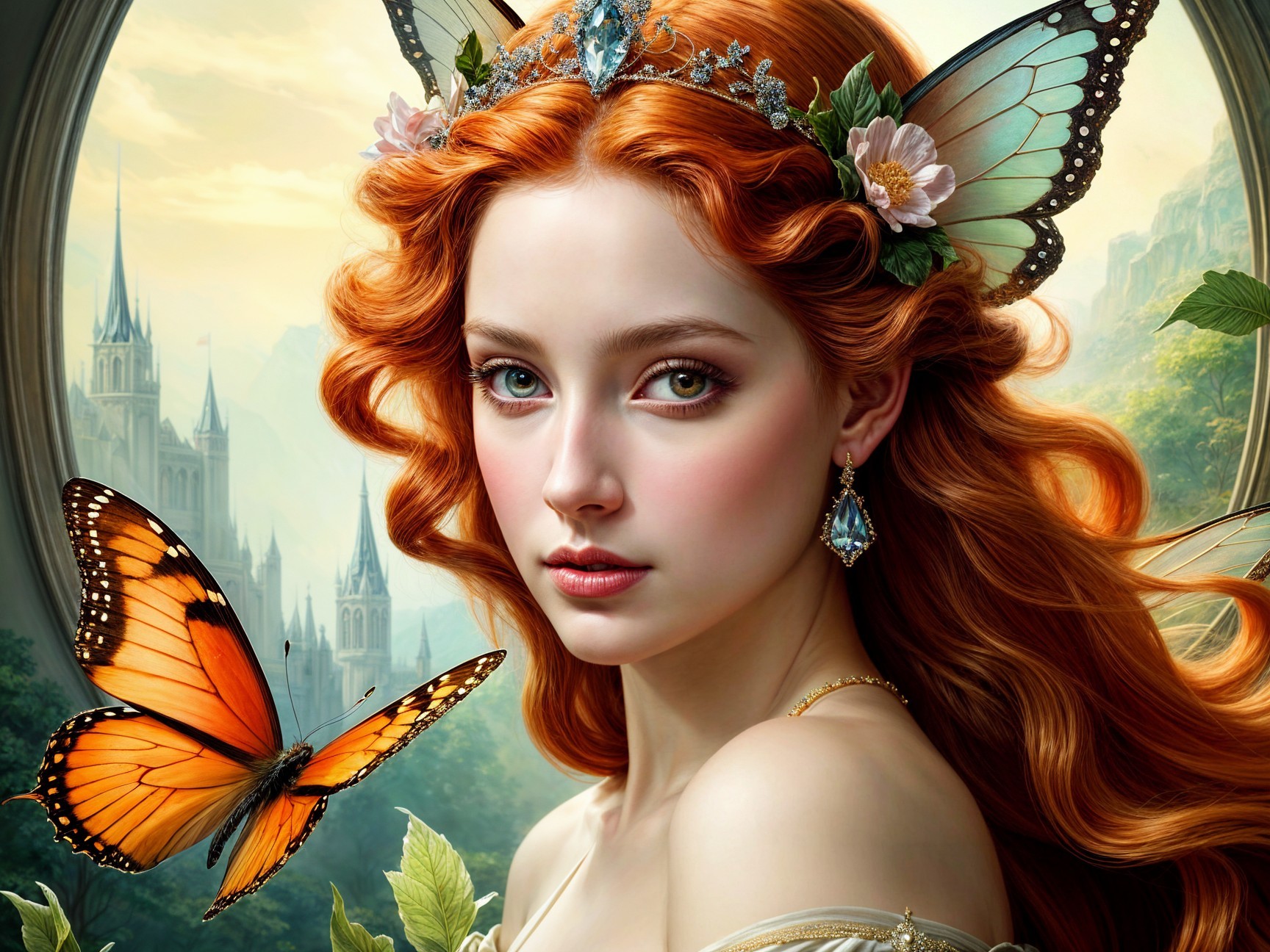 Young woman with red hair in a dreamy landscape
