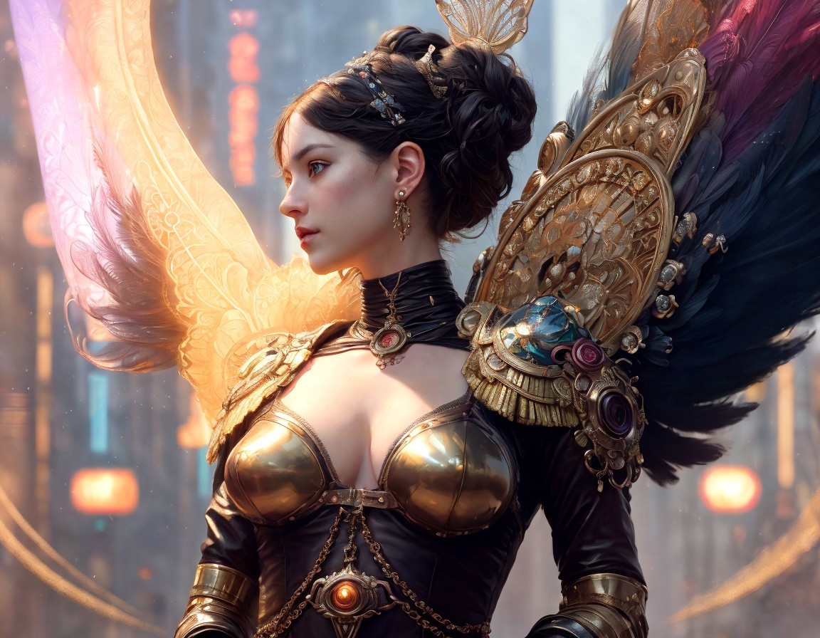 Futuristic woman in ornate costume with colorful wings
