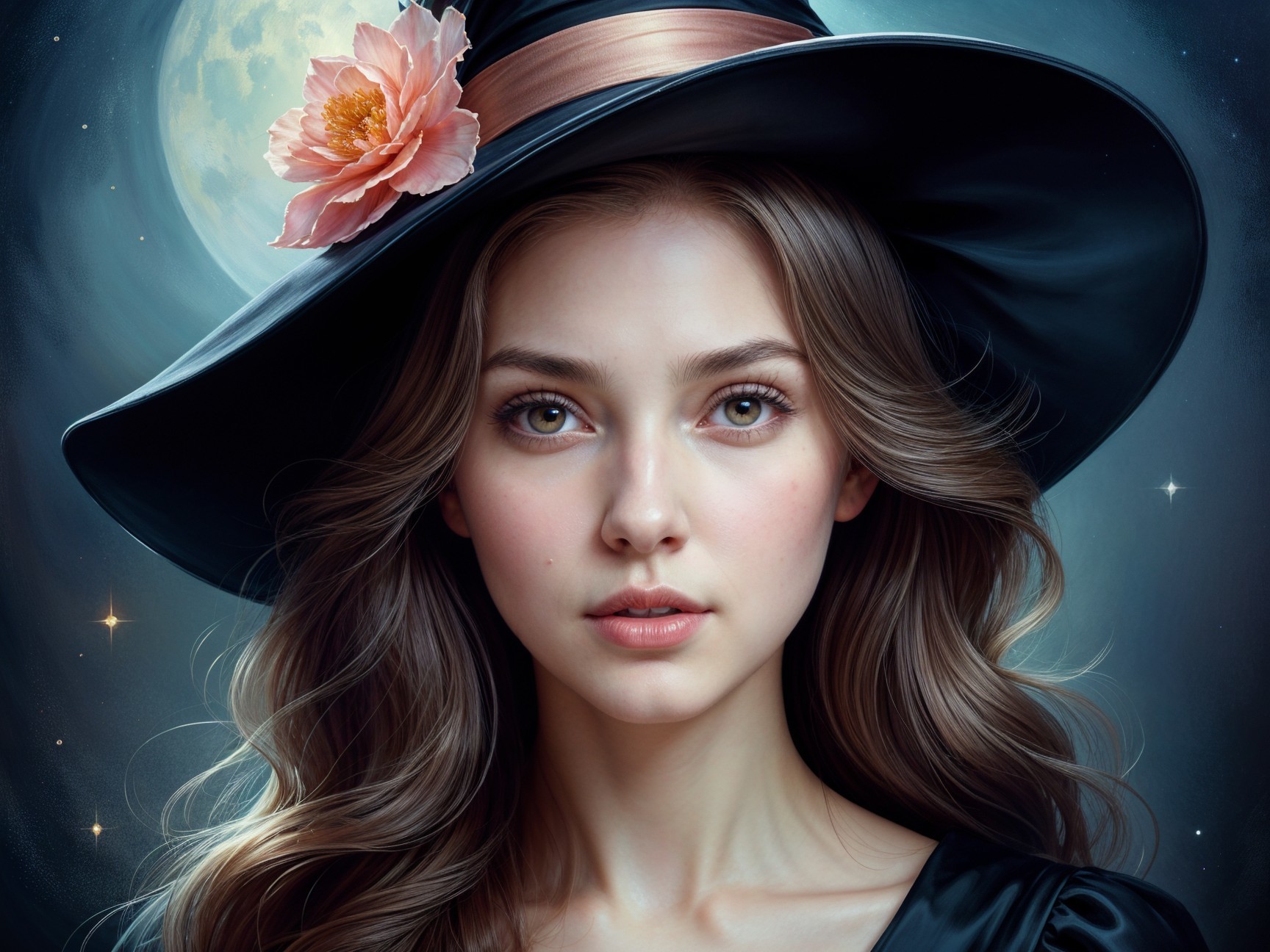 Young woman in moonlight with floral hat and stars