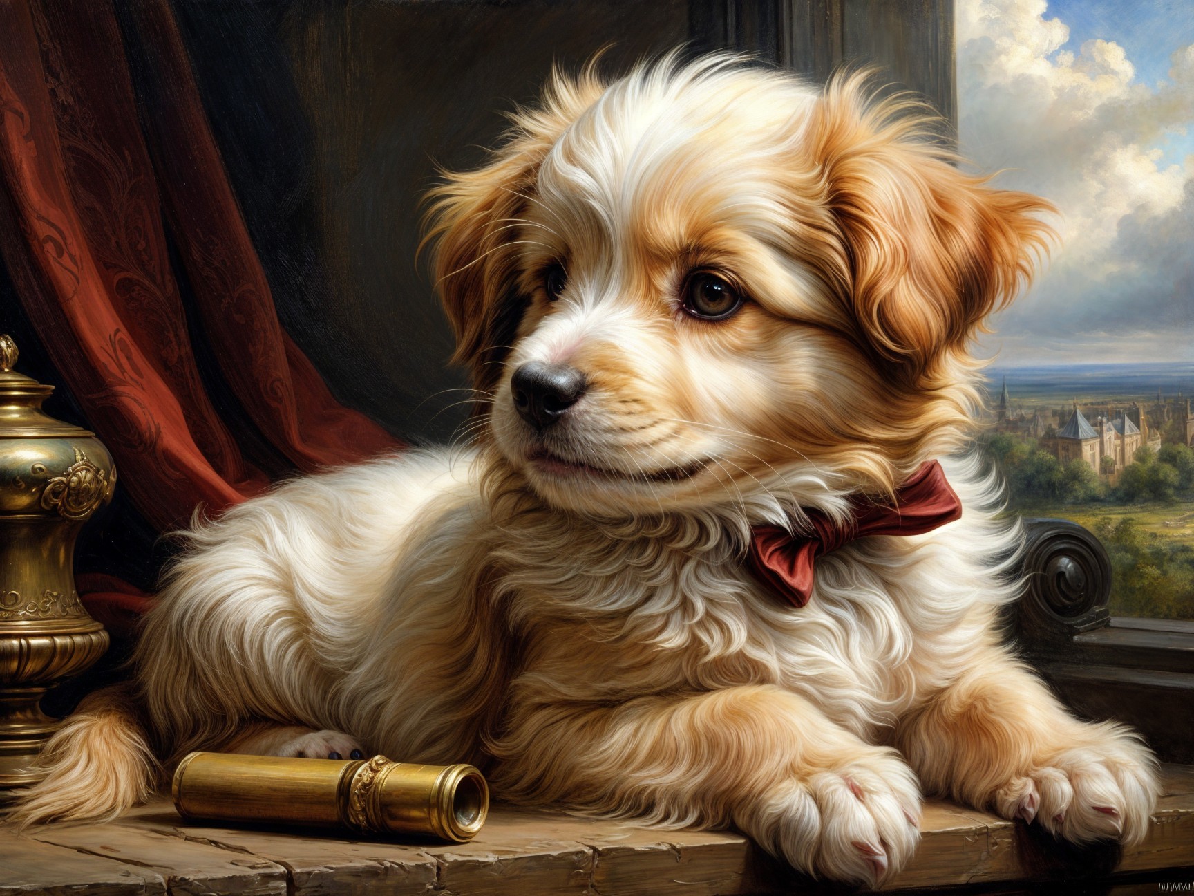 Fluffy Golden Puppy with Antique Telescope in Scenic Setting