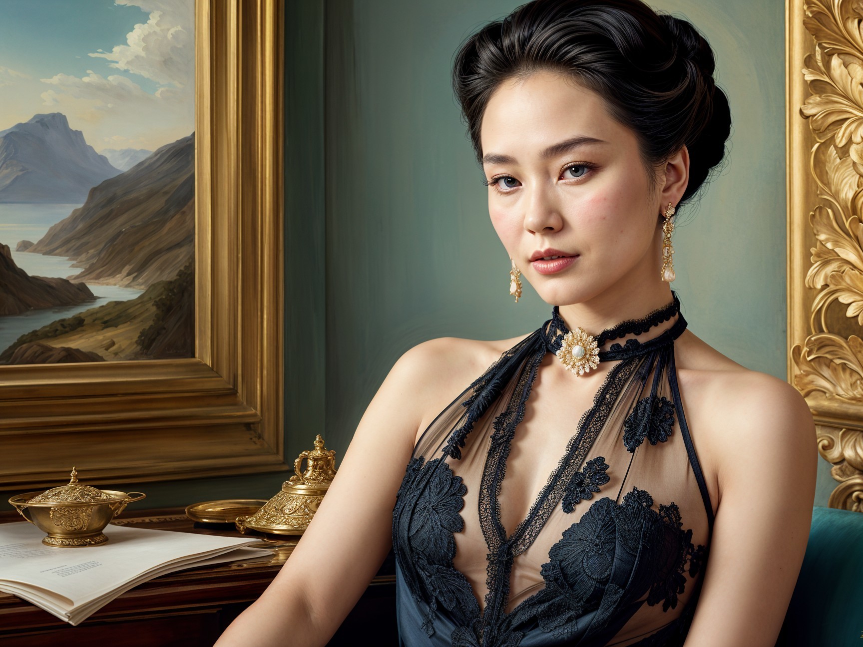 Elegant Woman in Black Lace Gown with Classic Background