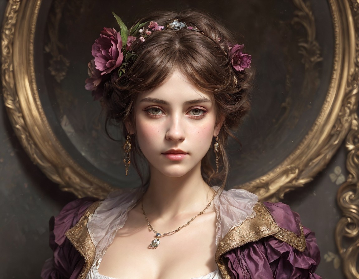 Portrait of a Young Woman in Floral Crown and Attire