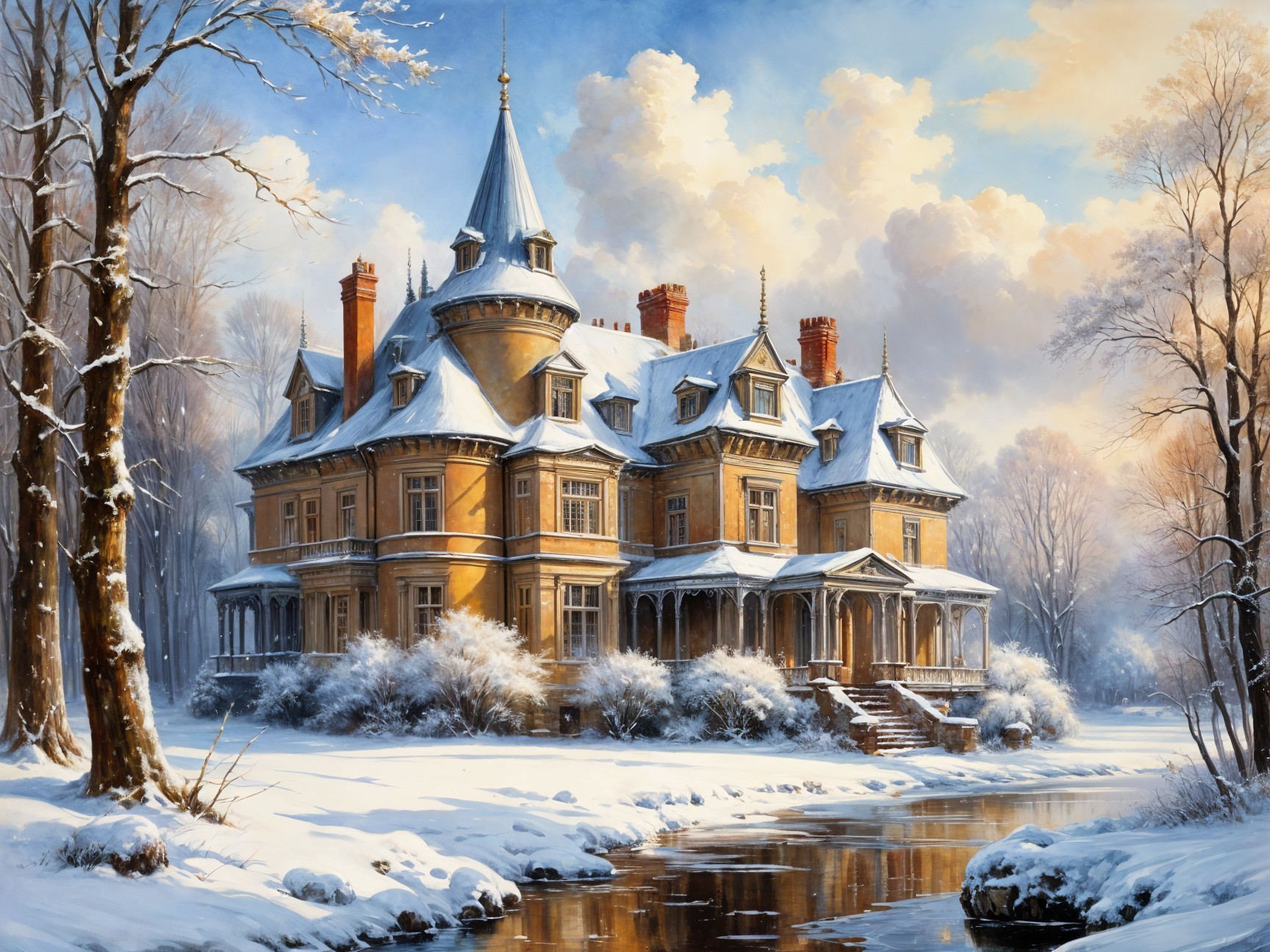 Victorian Mansion in Winter Landscape with Creek