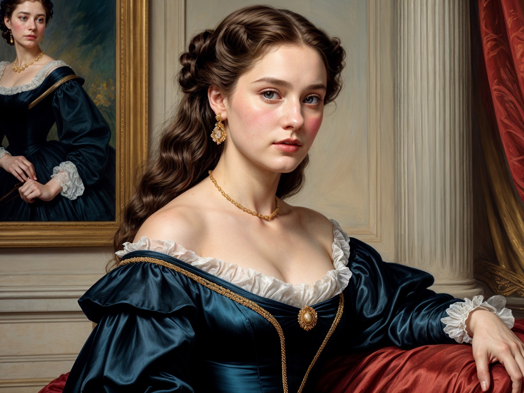 Elegant Young Woman in Blue Gown with Mirror Reflection