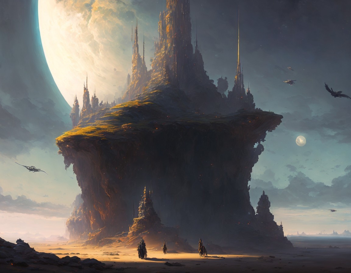 Colossal Floating Rock with Towers and Giant Moon
