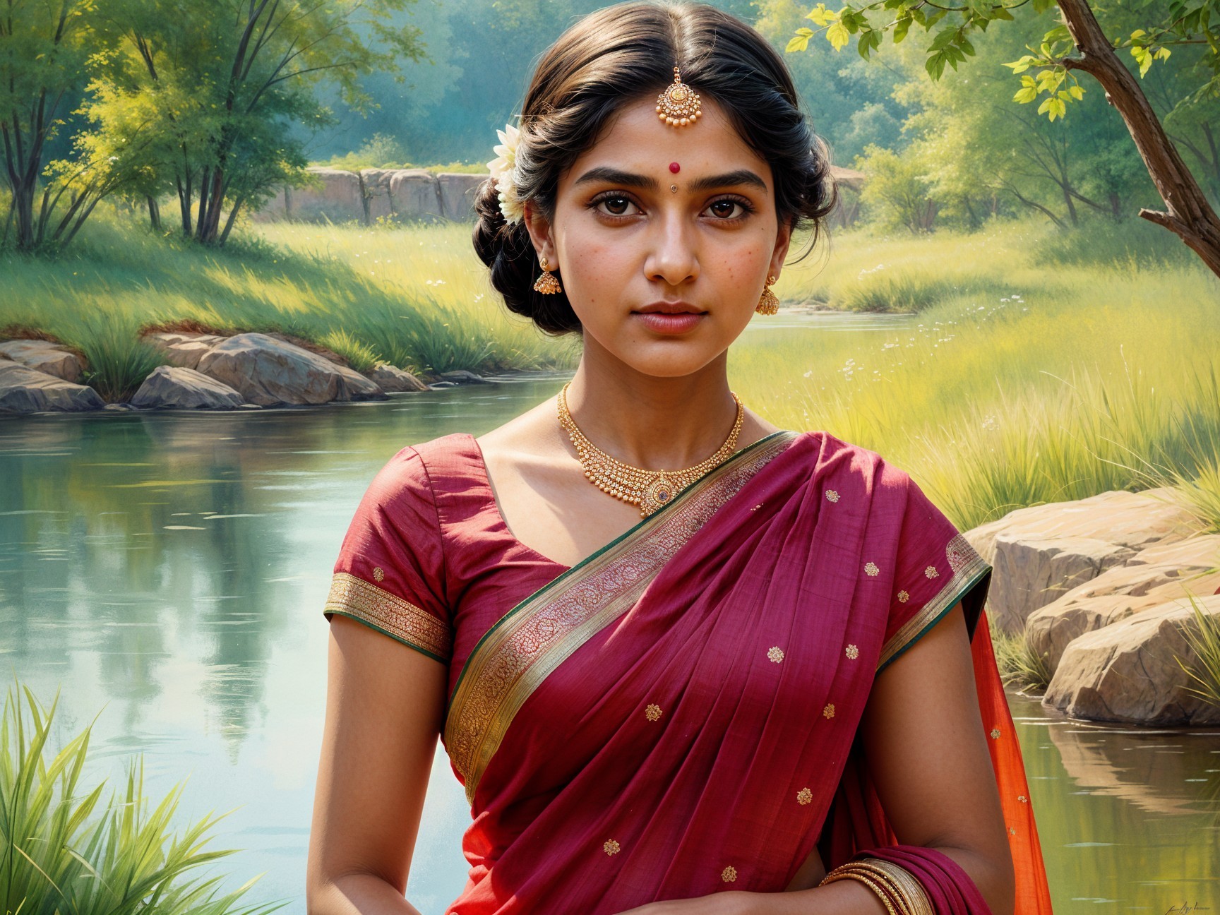 Young Woman in Red Saree by Serene Riverside