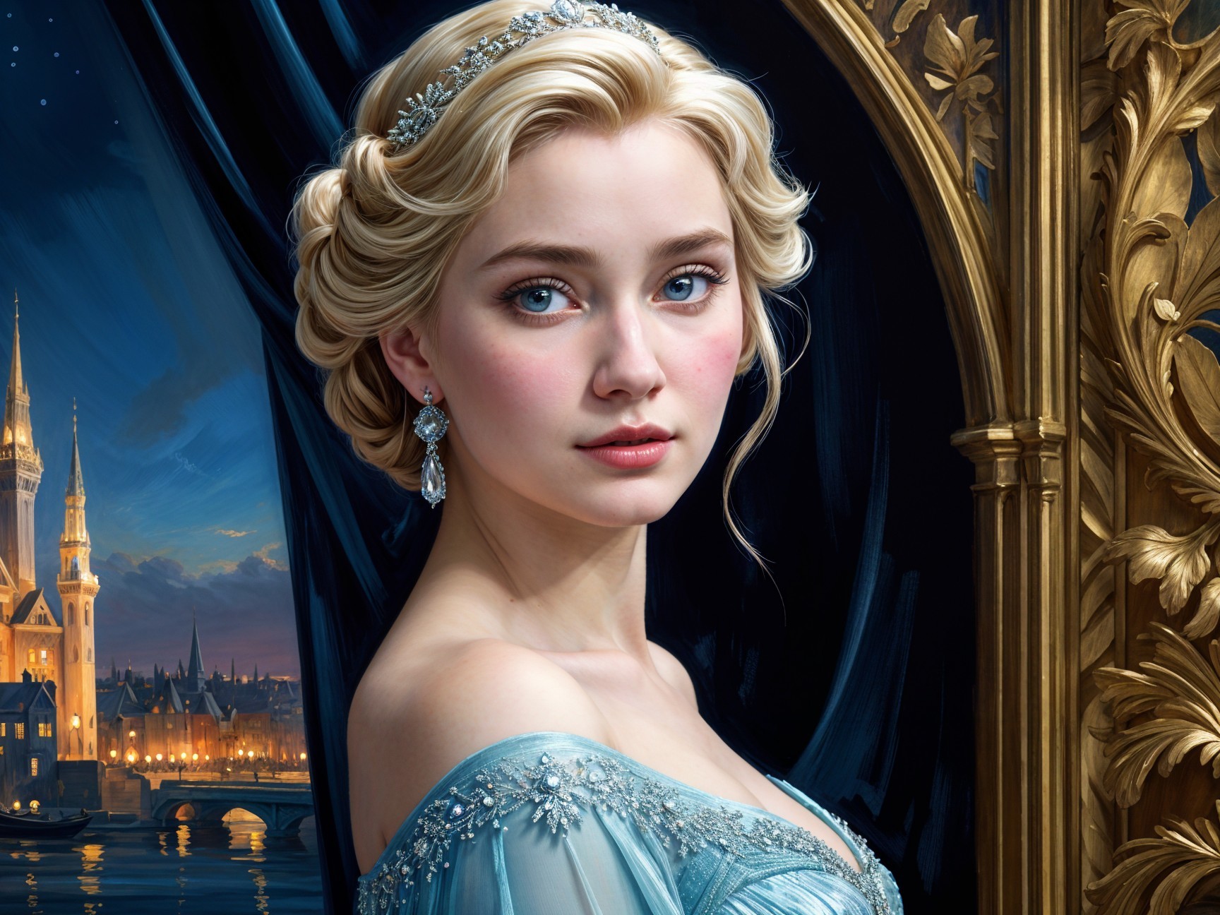 Young woman in ice-blue gown with tiara in cityscape
