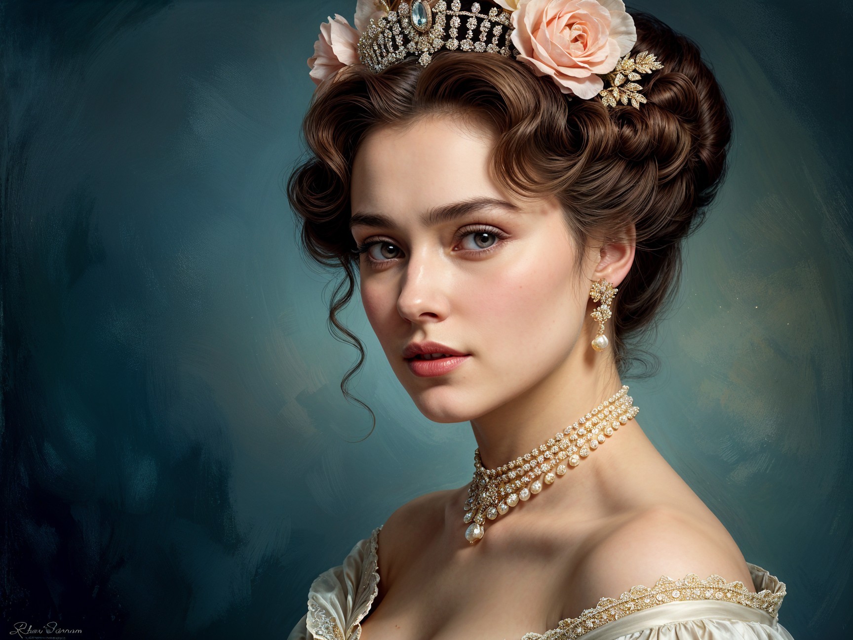 Elegant Portrait of a Young Woman with Roses and Jewelry