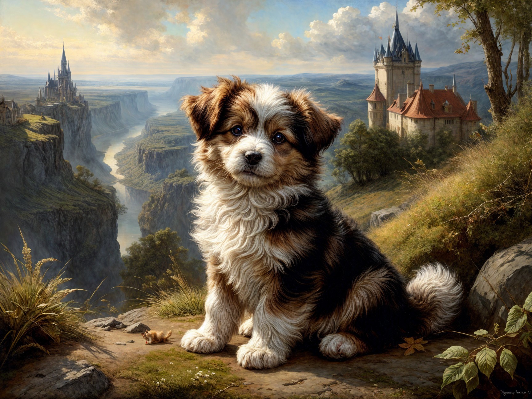 Fluffy Multi-Colored Puppy on Rocky Outcrop Landscape