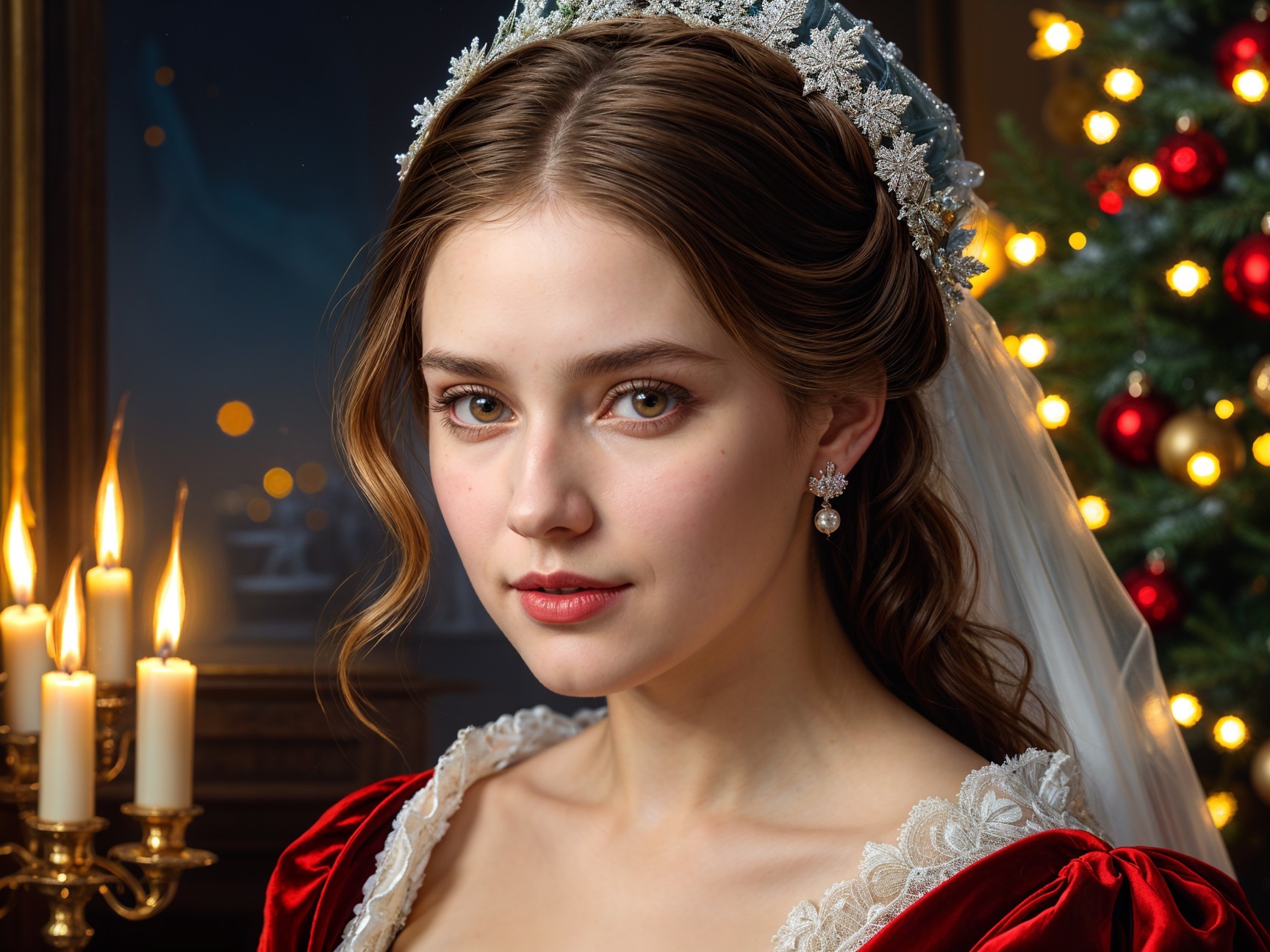 Elegant woman in red gown by a festive Christmas tree